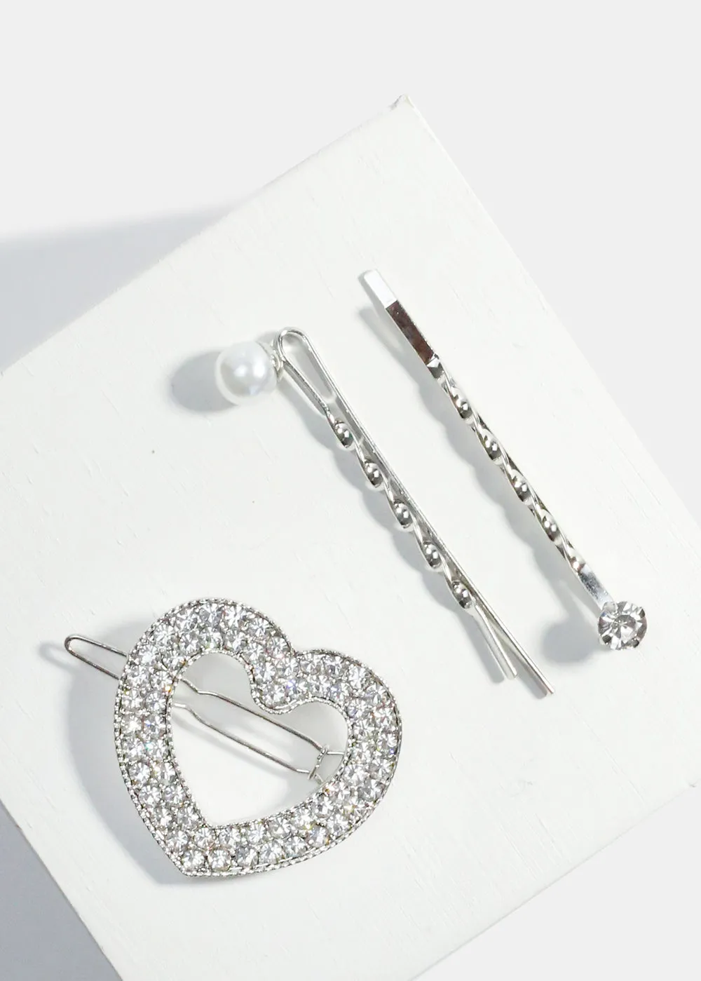 3-Piece Rhinestone-Studded Heart Hair Pins