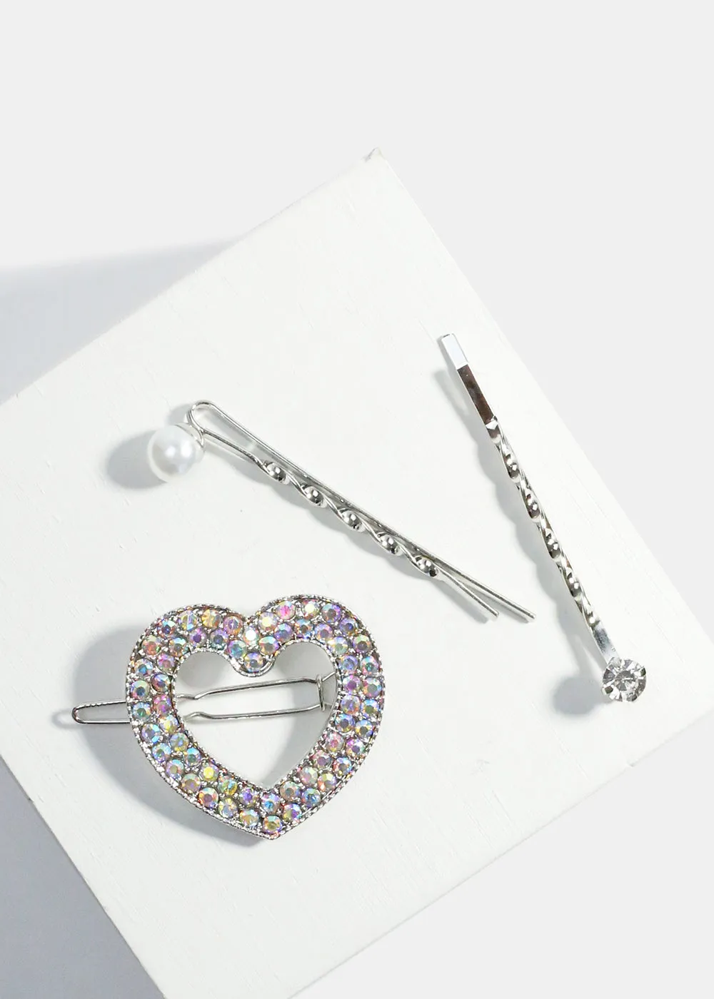 3-Piece Rhinestone-Studded Heart Hair Pins