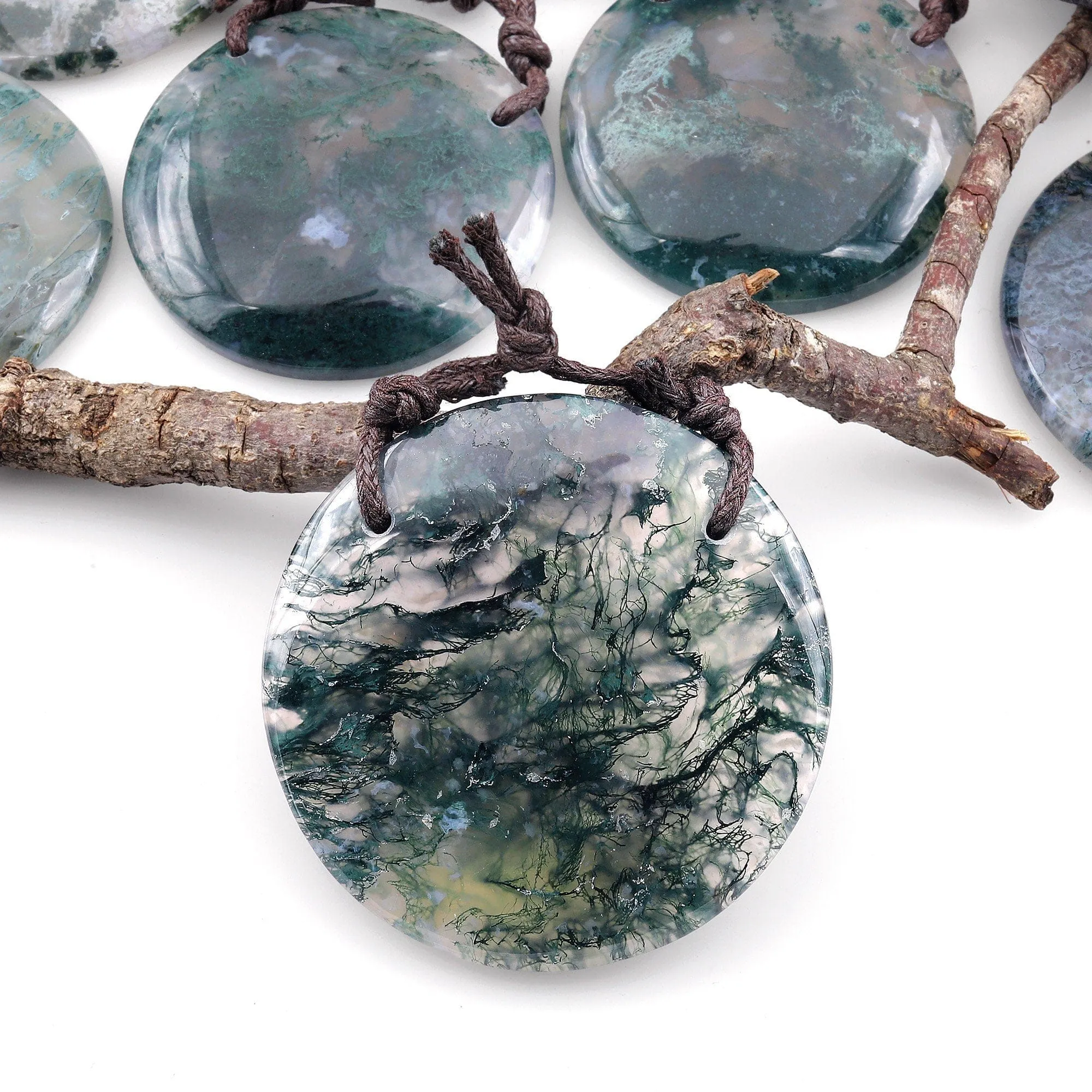 AAA 2 Hole Pendant Large Natural Green Moss Agate Circular Round Pendant Gemstone Focal Bead