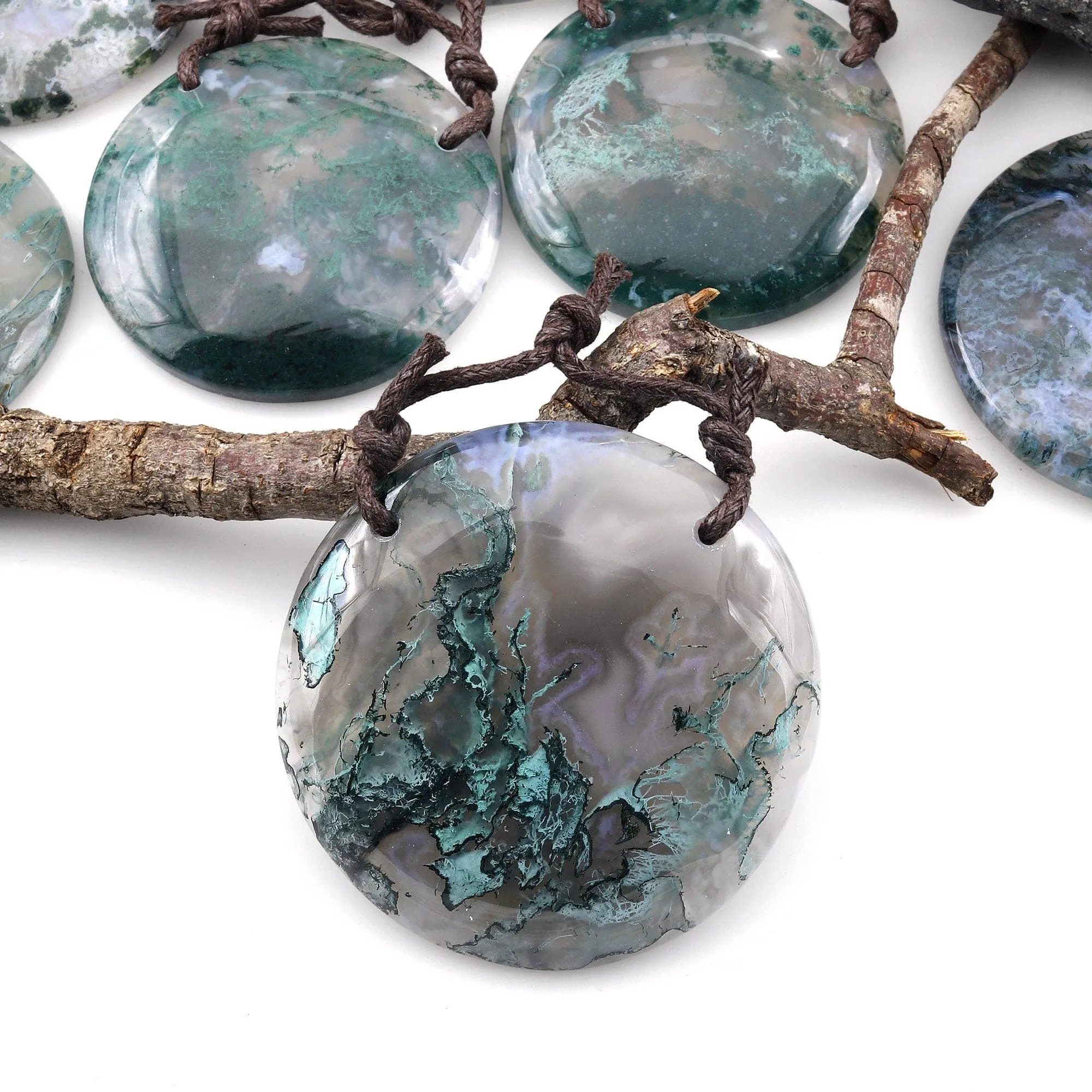 AAA 2 Hole Pendant Large Natural Green Moss Agate Circular Round Pendant Gemstone Focal Bead