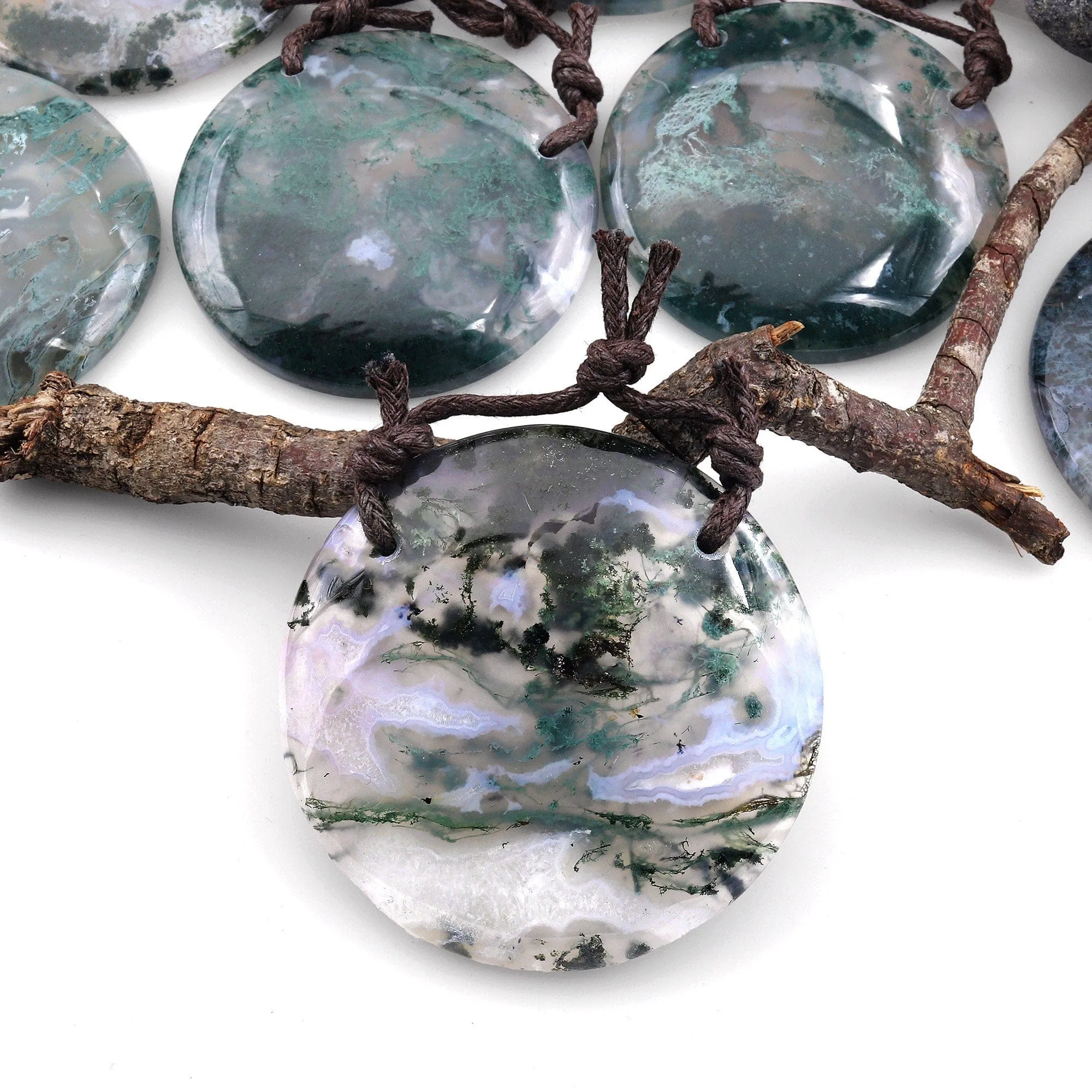 AAA 2 Hole Pendant Large Natural Green Moss Agate Circular Round Pendant Gemstone Focal Bead