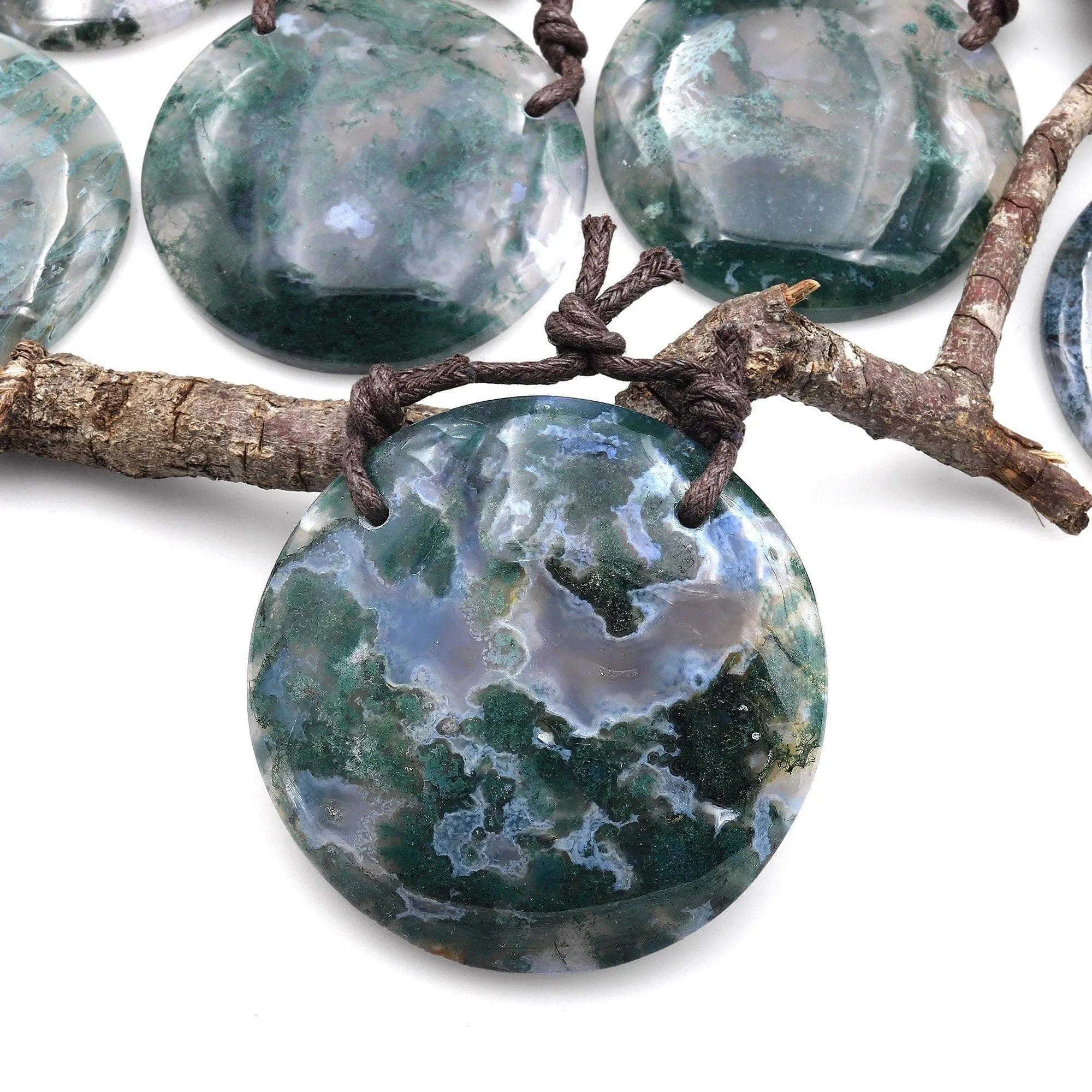 AAA 2 Hole Pendant Large Natural Green Moss Agate Circular Round Pendant Gemstone Focal Bead