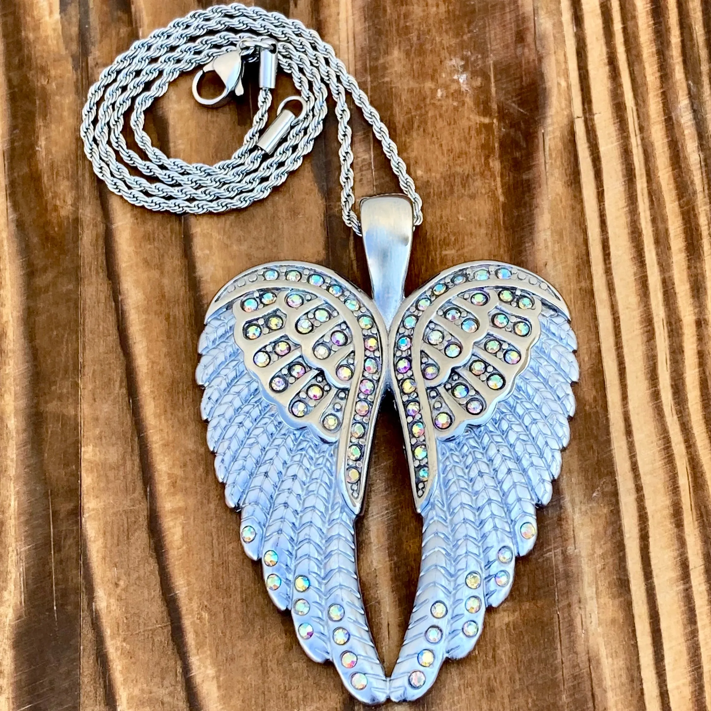 Angel Heart Wings Pendant - White W/Rainbow Stones Wings - Classic - Rope Necklace or Omega - LAP38