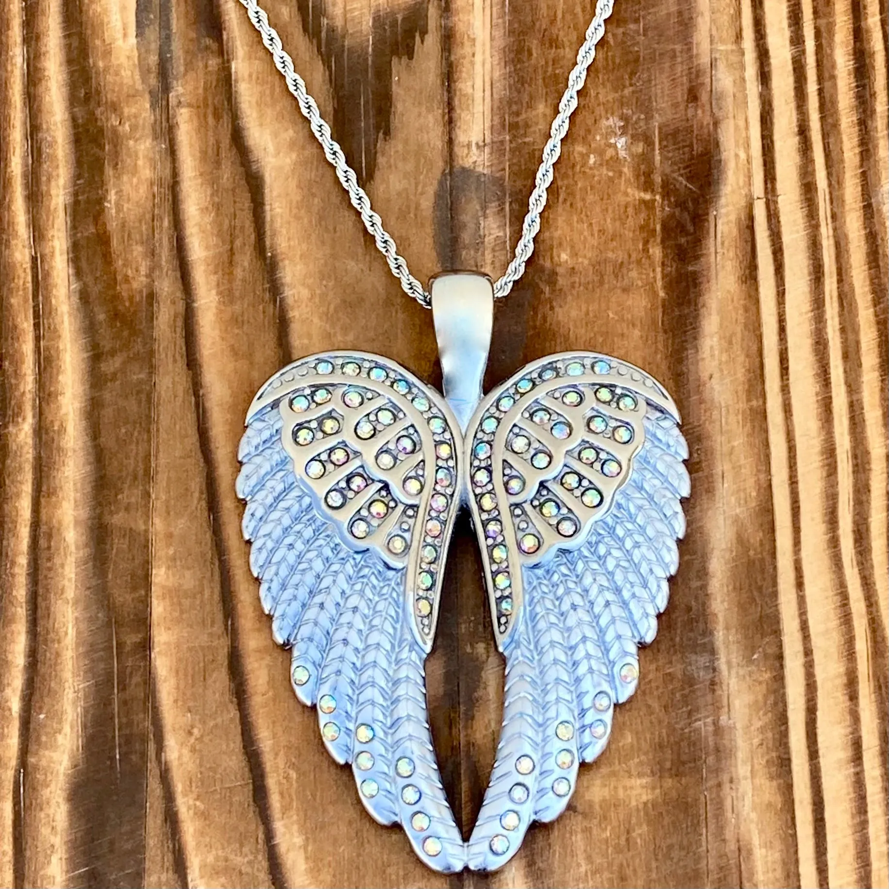 Angel Heart Wings Pendant - White W/Rainbow Stones Wings - Classic - Rope Necklace or Omega - LAP38