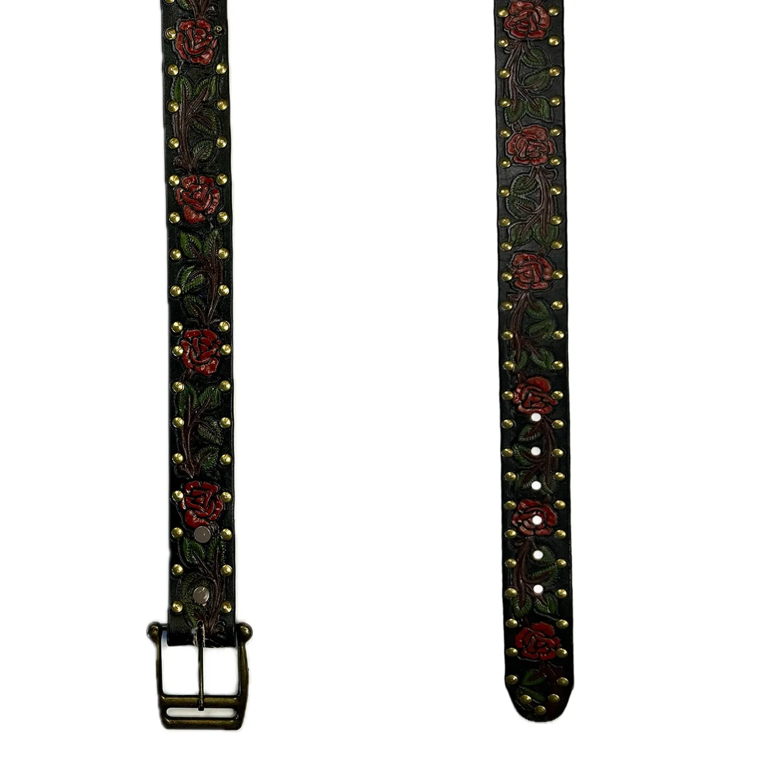 Black Tooled Genuine Leather Western Belt with Red Roses