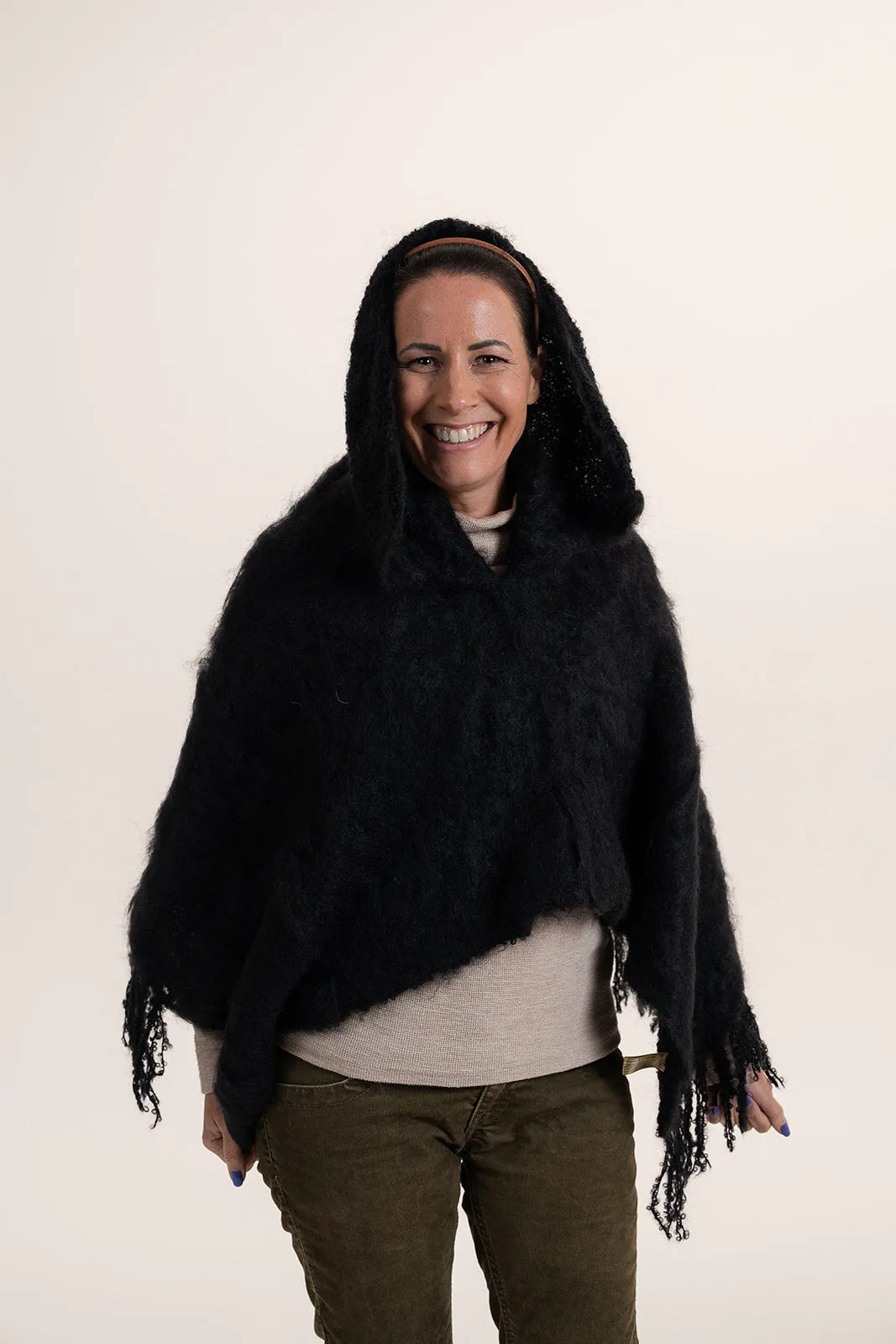 Brushed Mohair Poncho with Collar - Black