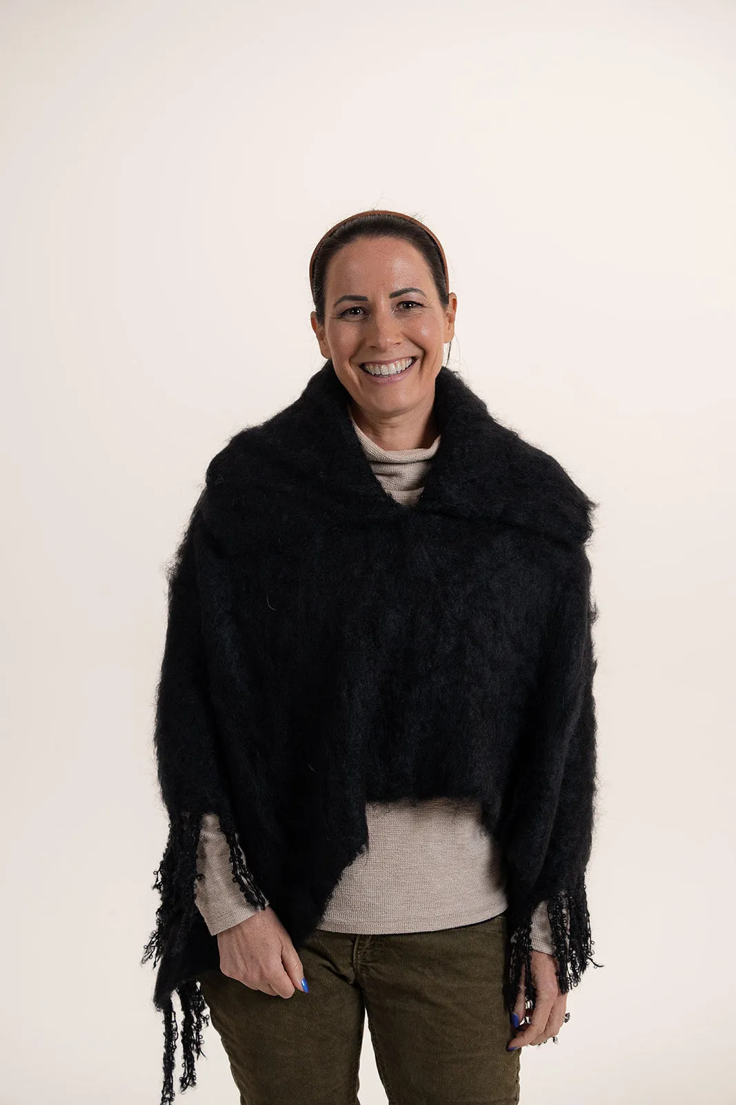 Brushed Mohair Poncho with Collar - Black