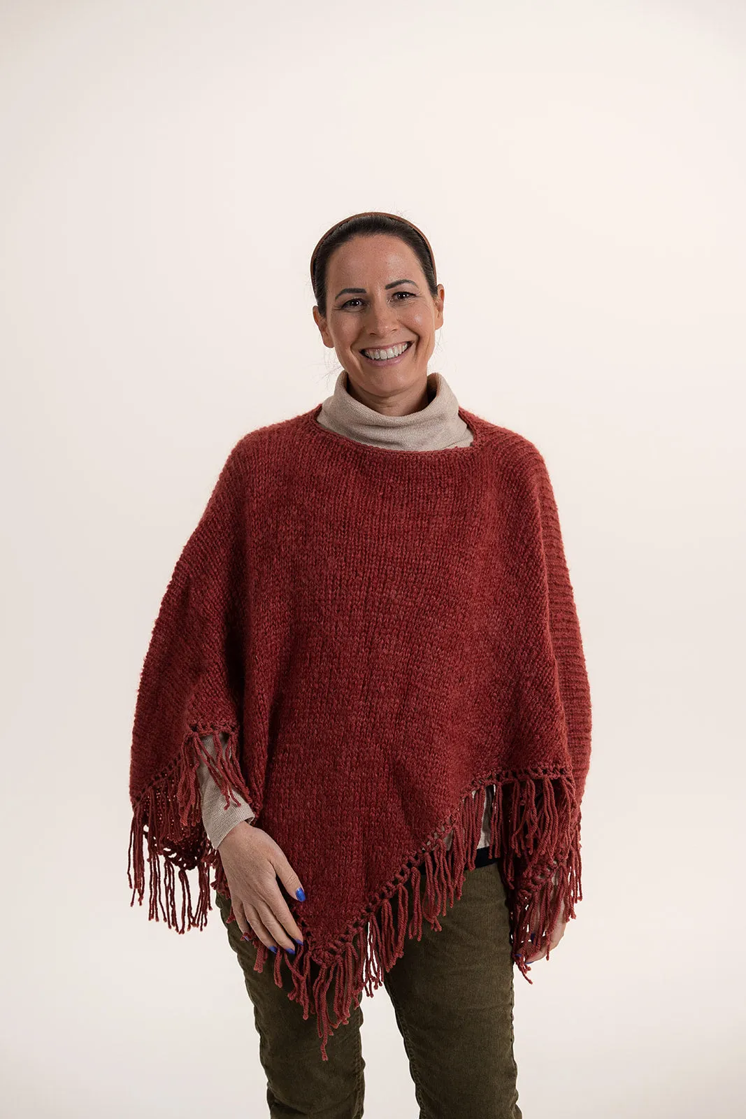 Brushed Mohair Poncho with Tassels - Burnt Red