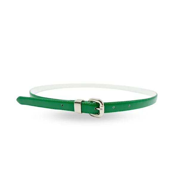 CARRIE -  Women's Emerald Green Patent Skinny Leather Belt with Silver Buckle