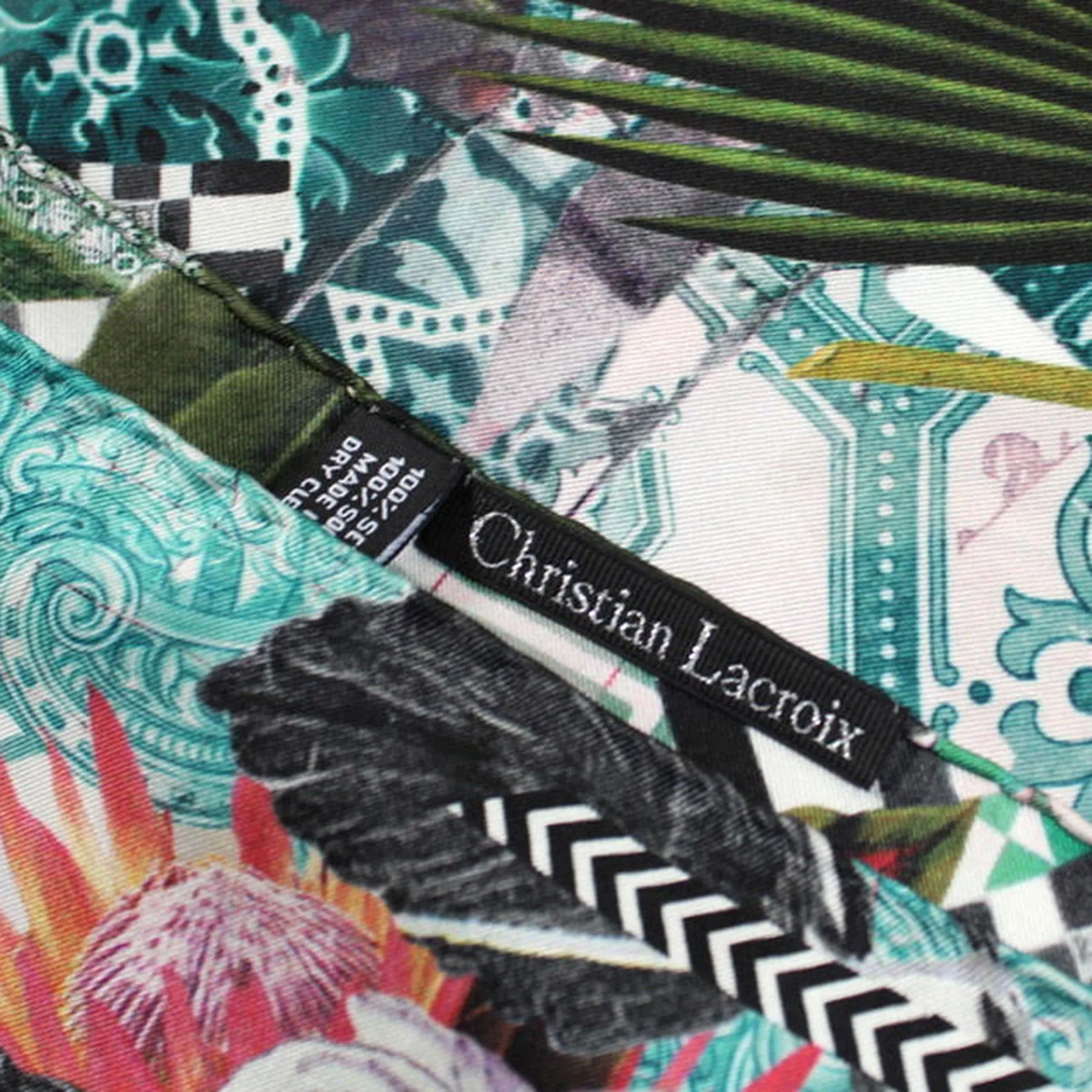 Christian Lacroix Scarf Aqua Green Brown Novelty - Large 36 Inch Square Twill Silk Scarf