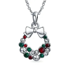 Christmas Jewelry Set Bow Red Green White Crystal Wreath Stud Earrings Pendant