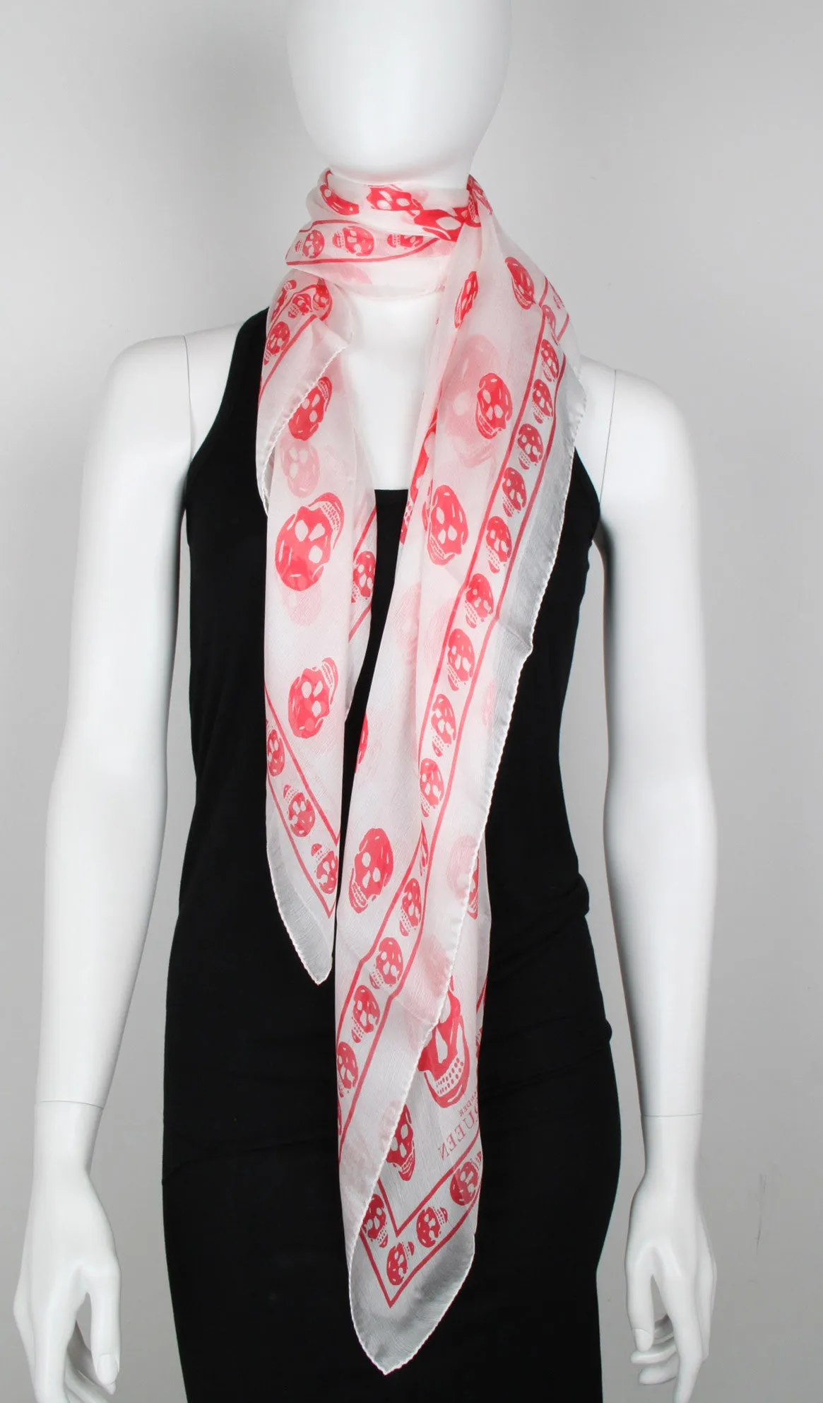 Classic Skull Scarf Silk Chiffon, White/Red