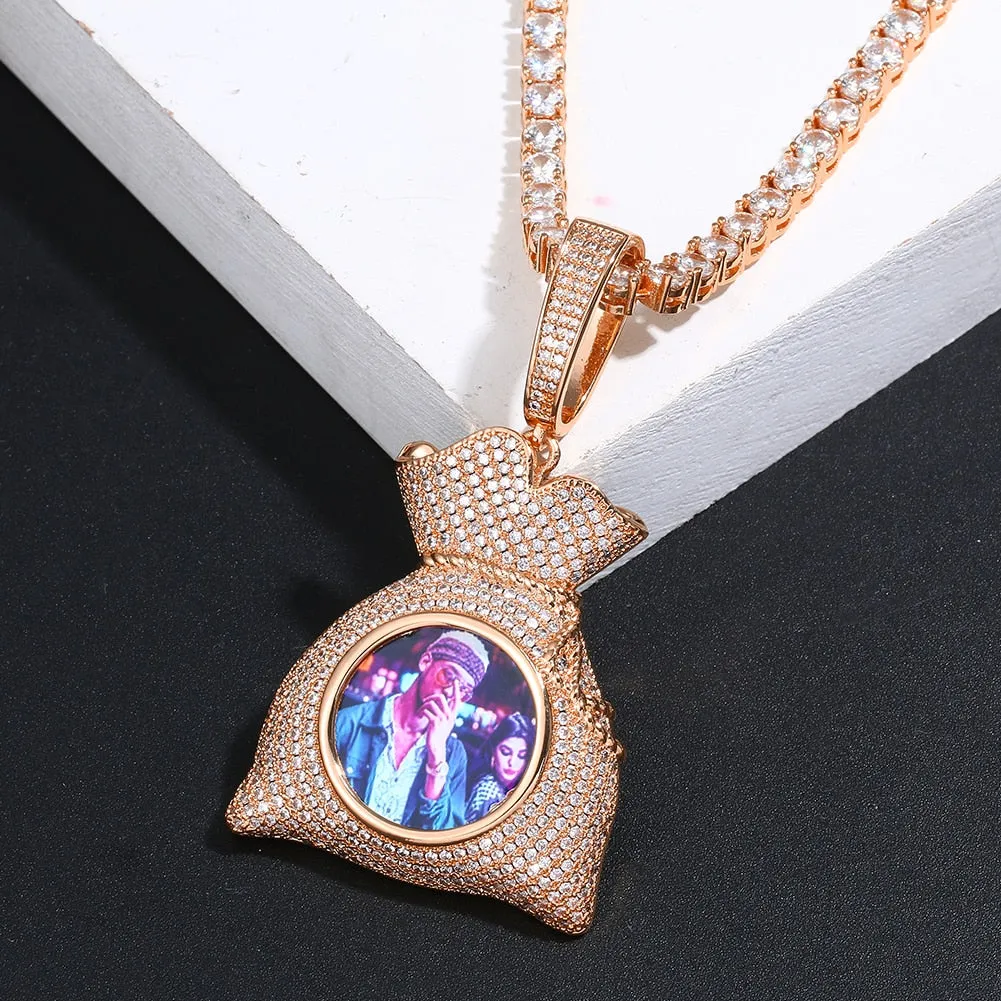 Custom 14k Gold Money Bag Pendant Photo Medallion Necklace