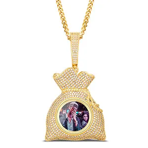 Custom 14k Gold Money Bag Pendant Photo Medallion Necklace