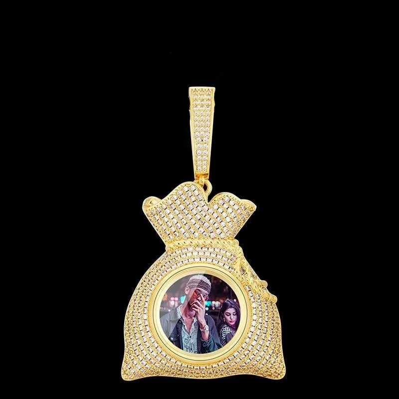 Custom 14k Gold Money Bag Pendant Photo Medallion Necklace