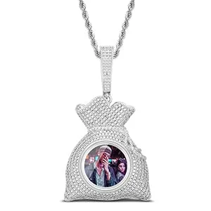 Custom 14k Gold Money Bag Pendant Photo Medallion Necklace