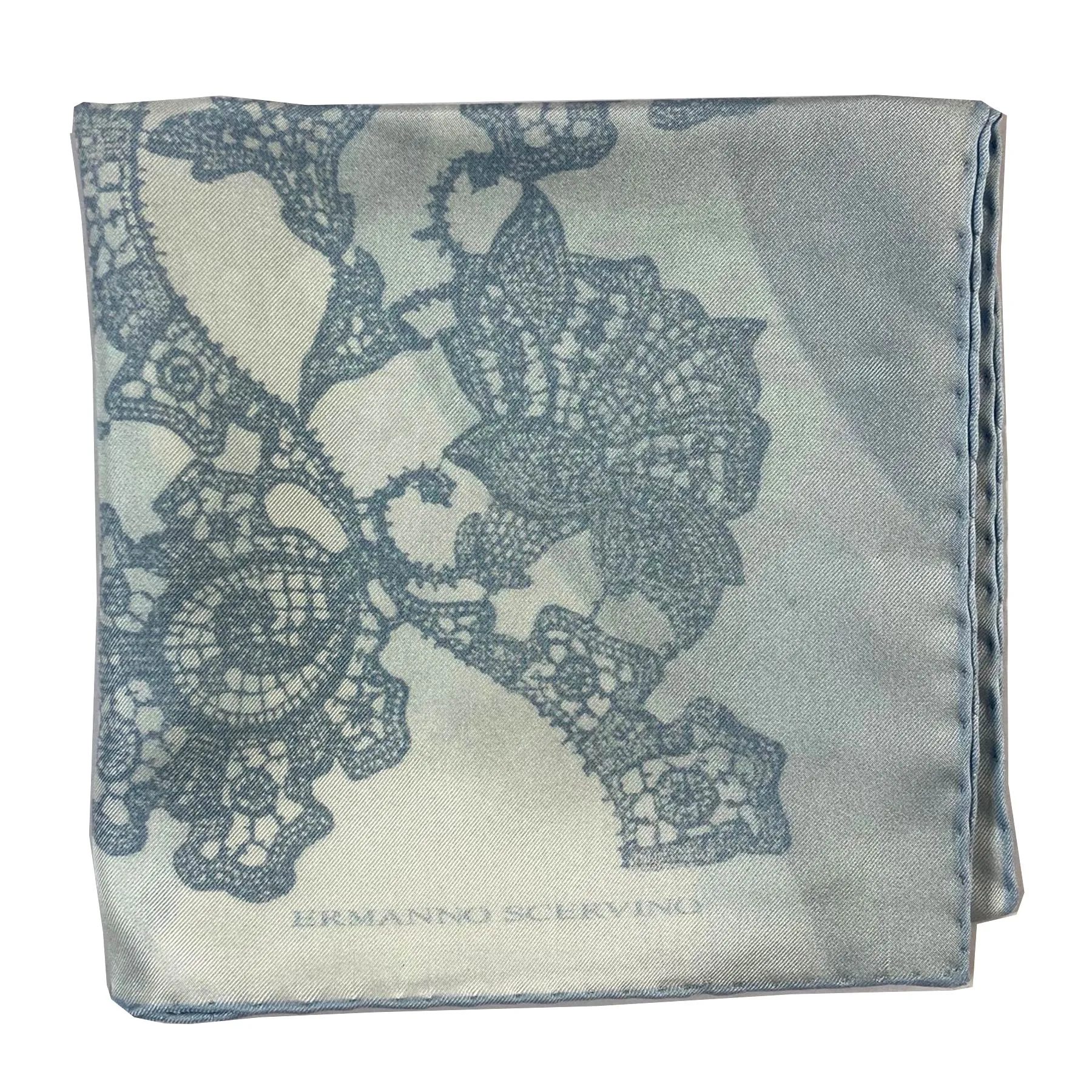 Ermanno Scervino Scarf Metal Blue Gray Ornamental Design - 27" Square Twill Silk Scarf SALE