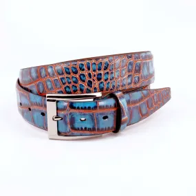 Faux Crocodile Embossed Calfskin Belt - Navy / Red