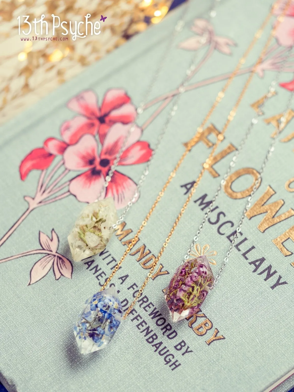 Forget me not flower crystal point pendant necklace