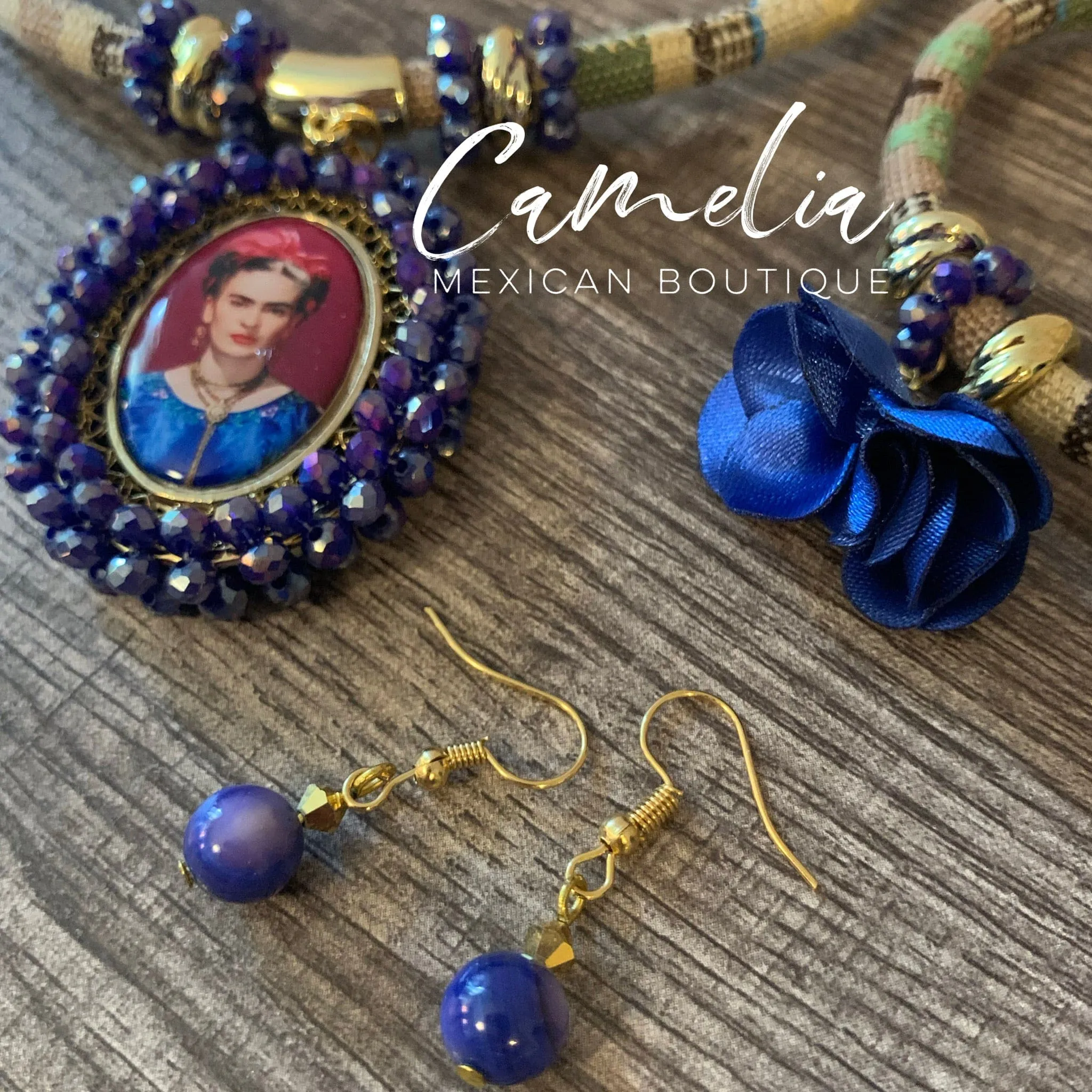 Frida Pendant Mexican Necklace Set BLUE