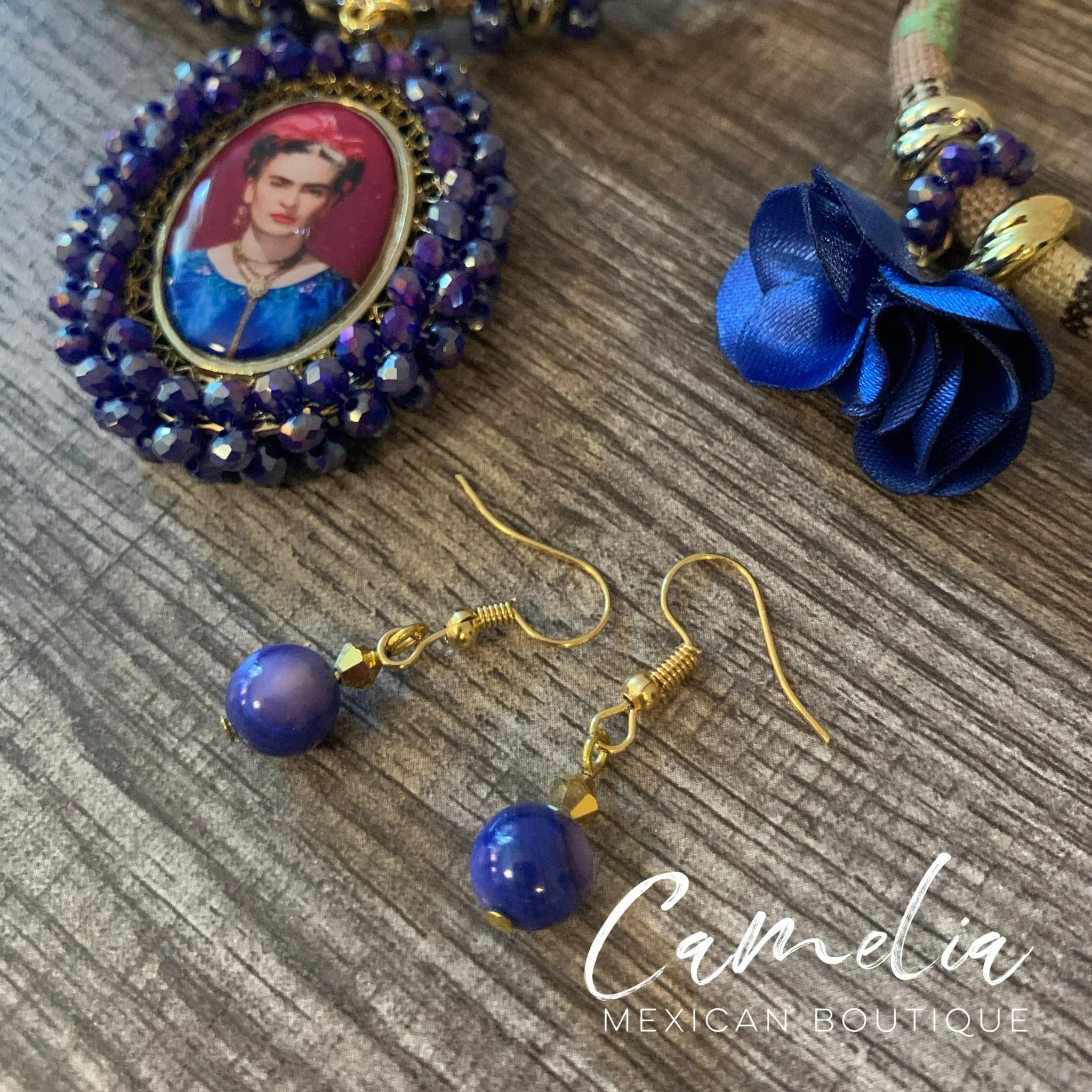 Frida Pendant Mexican Necklace Set BLUE