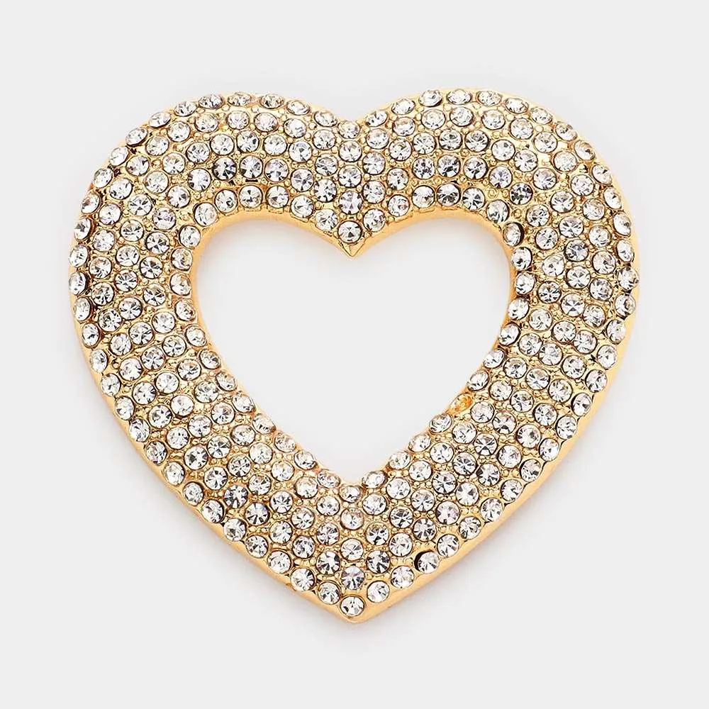 Gold Rhinestone Open Heart Pin Brooch for Women