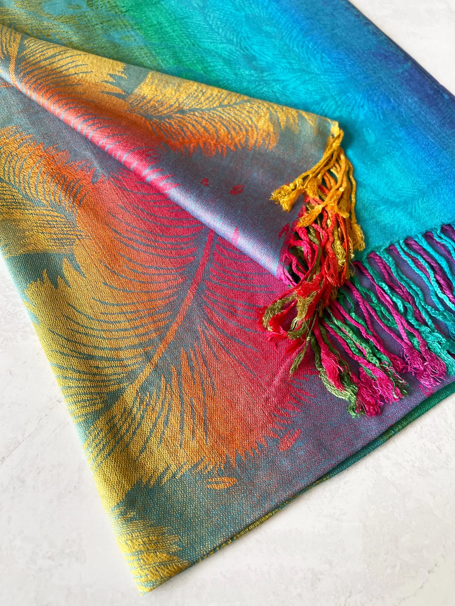 LARGE BLUE RAINBOW FEATHER AND LEAF PRINT PASHMINA SHAWL SCARF