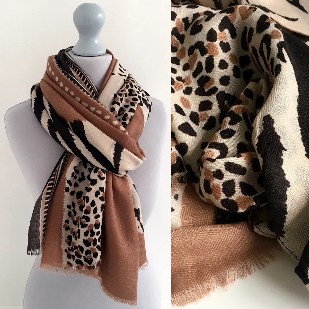 LARGE CAMEL COTTON MIX TIGER AND LEOPARD PRINT SHAWL SCARF