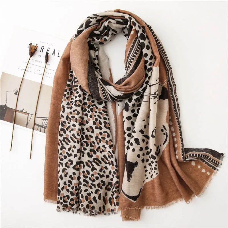 LARGE CAMEL COTTON MIX TIGER AND LEOPARD PRINT SHAWL SCARF