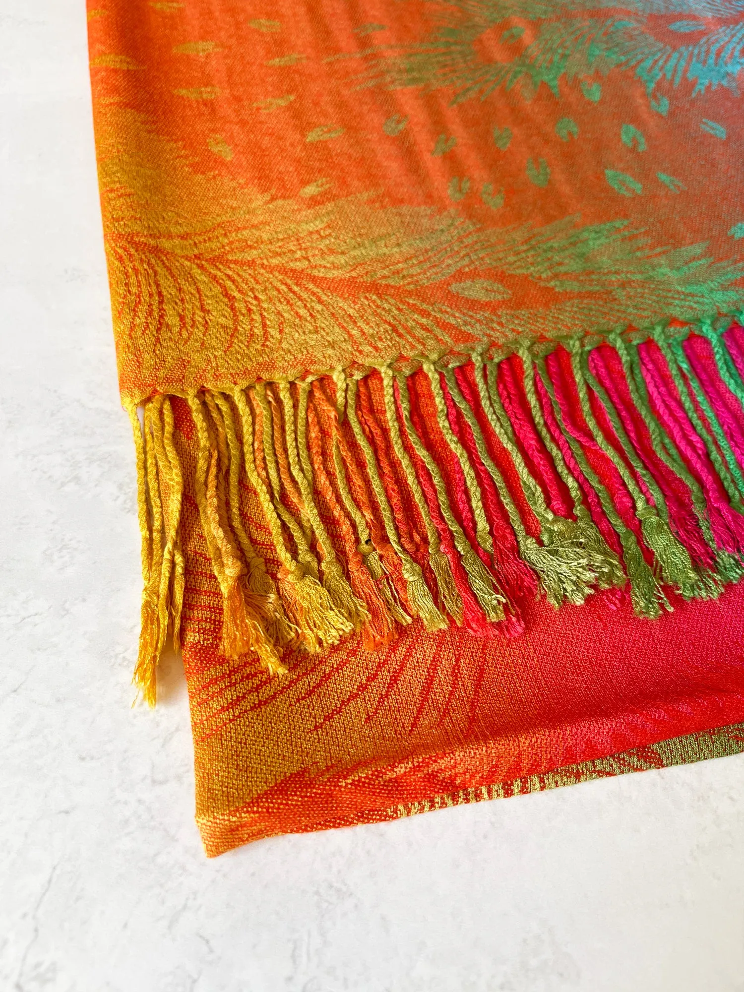 LARGE SUNSET RAINBOW FEATHER AND LEAF PRINT PASHMINA SHAWL SCARF