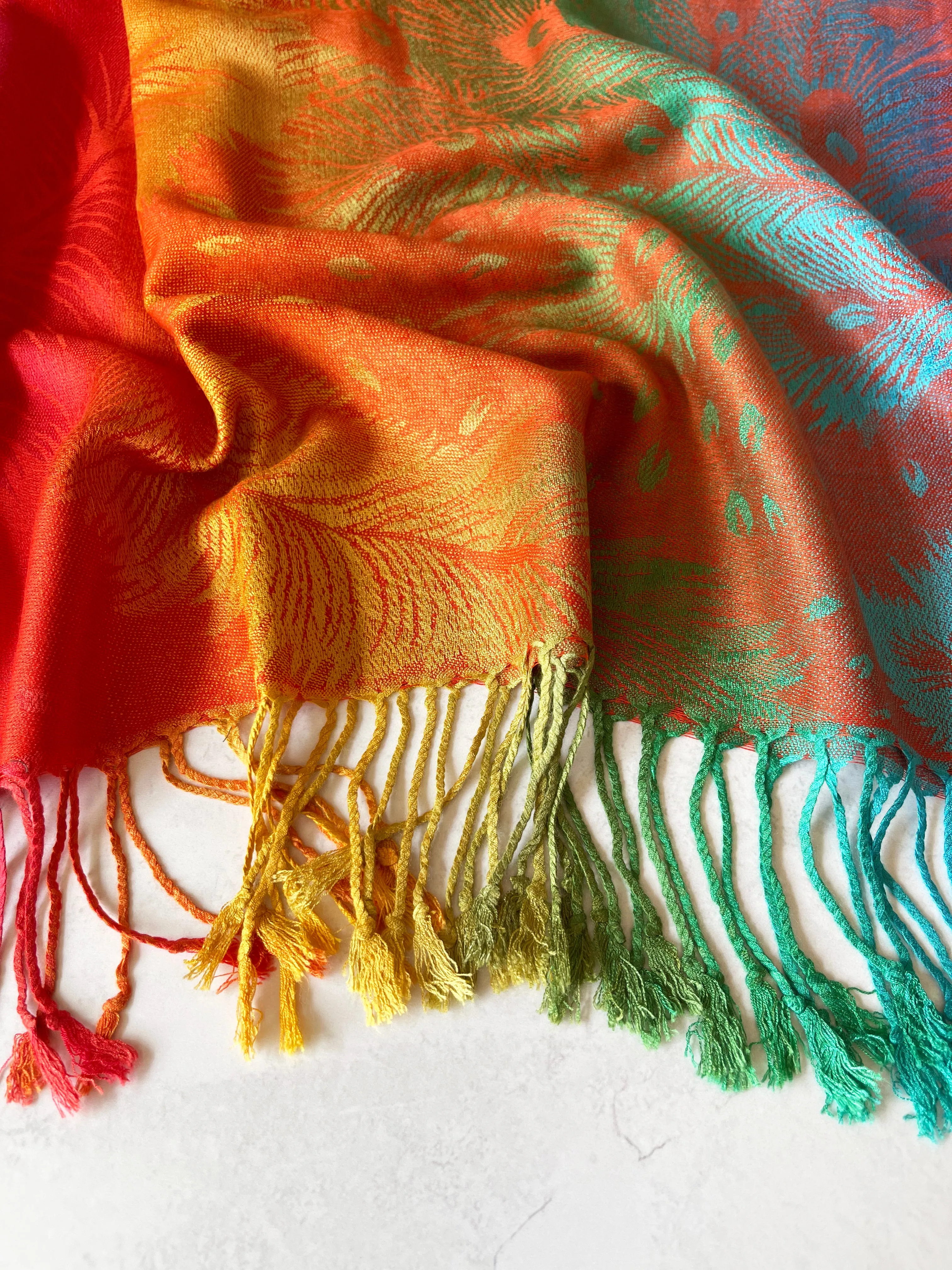 LARGE SUNSET RAINBOW FEATHER AND LEAF PRINT PASHMINA SHAWL SCARF