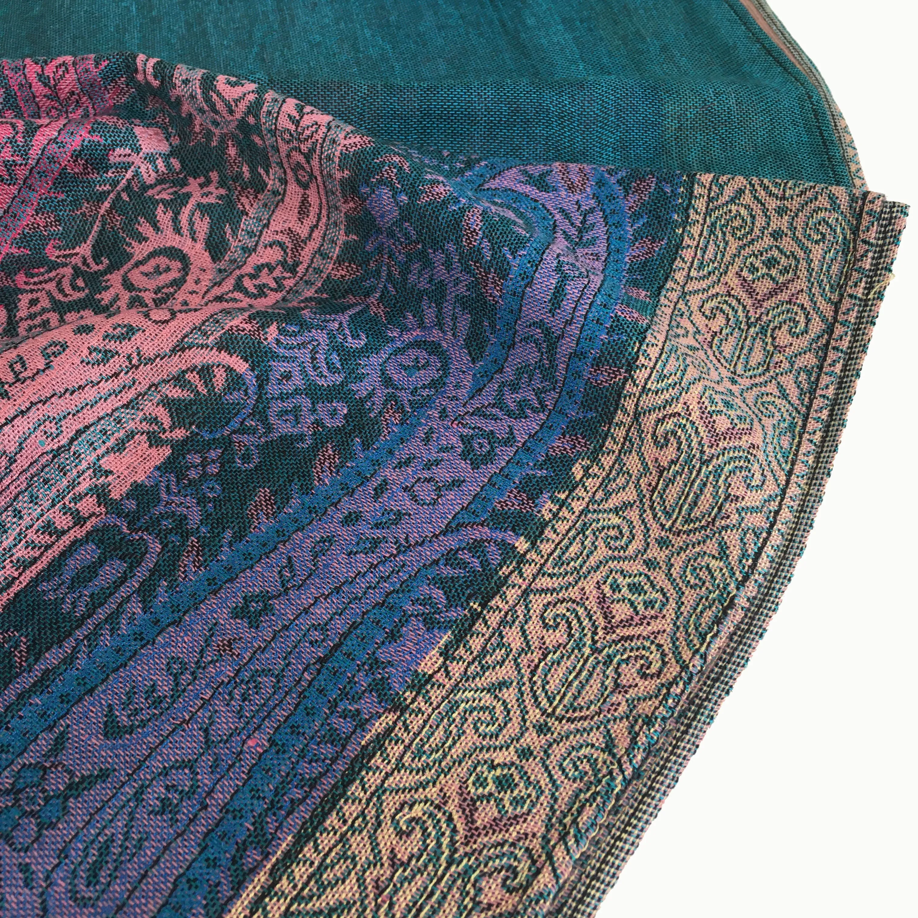 Teal Paisley Print Pashmina Shawl Scarf with Rainbow Multi-Colored Design