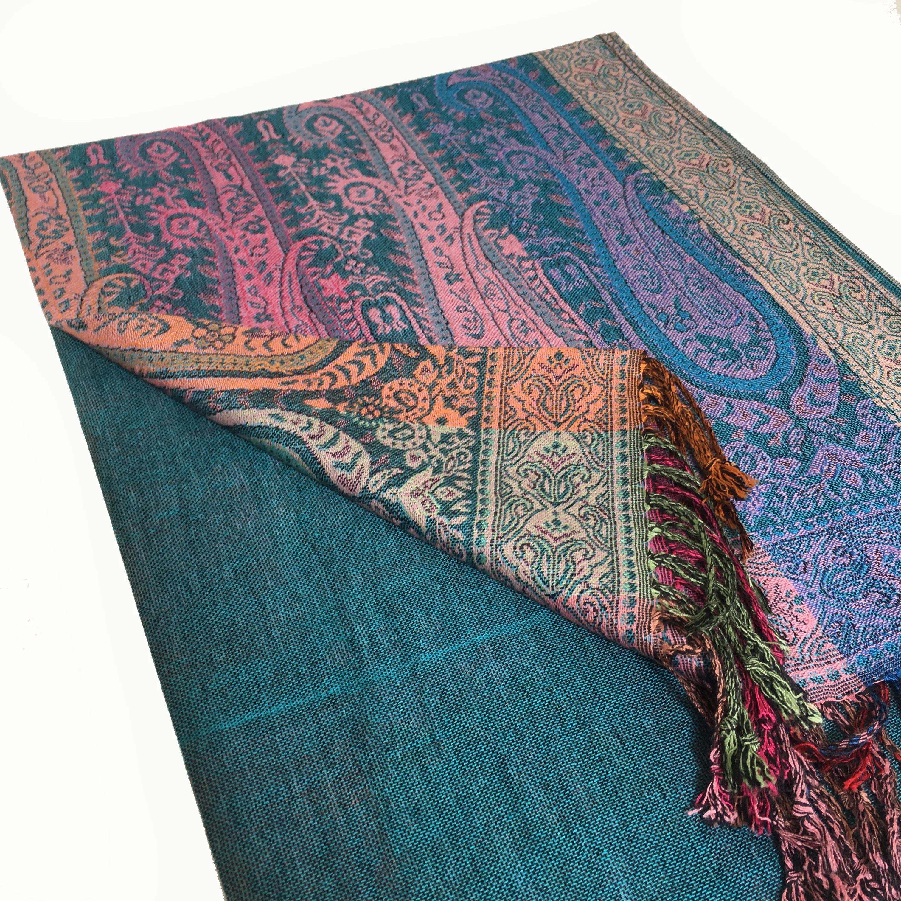 Teal Paisley Print Pashmina Shawl Scarf with Rainbow Multi-Colored Design