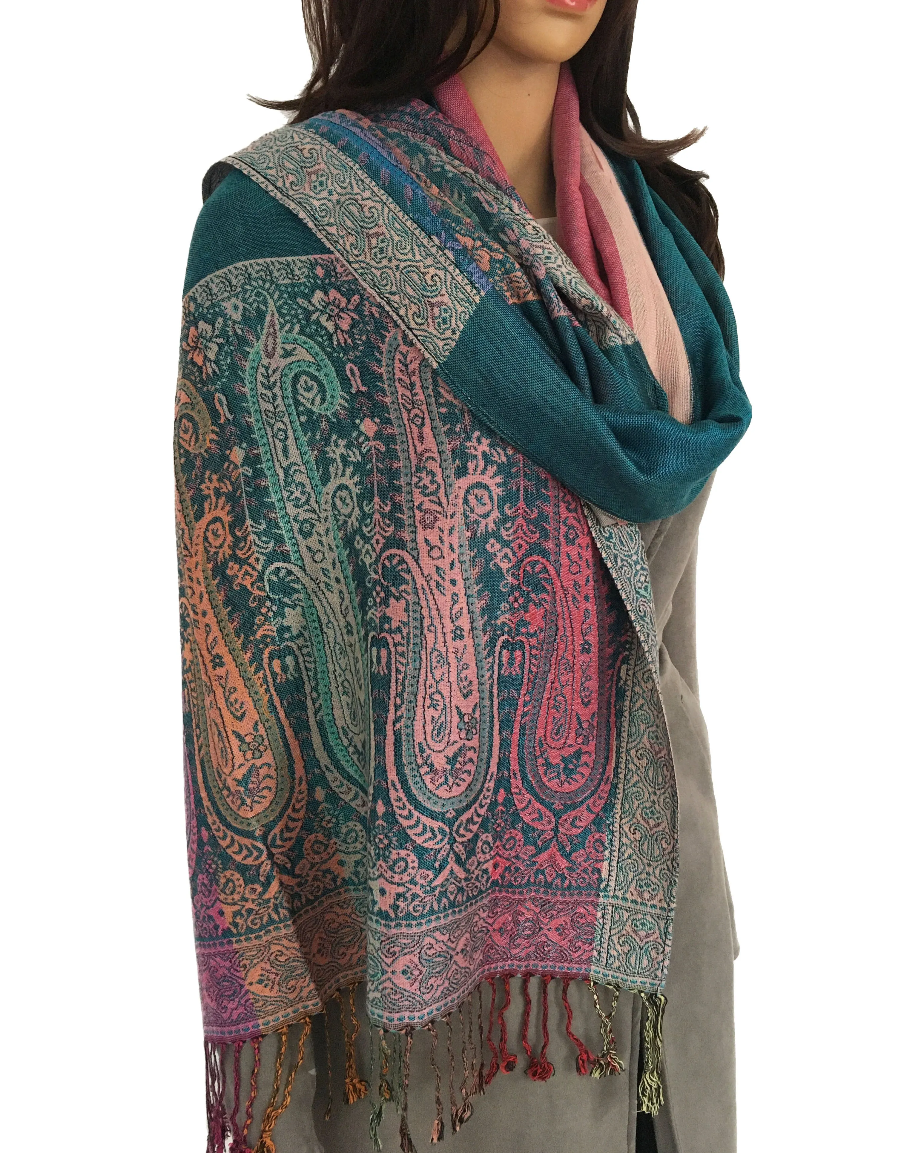 Teal Paisley Print Pashmina Shawl Scarf with Rainbow Multi-Colored Design