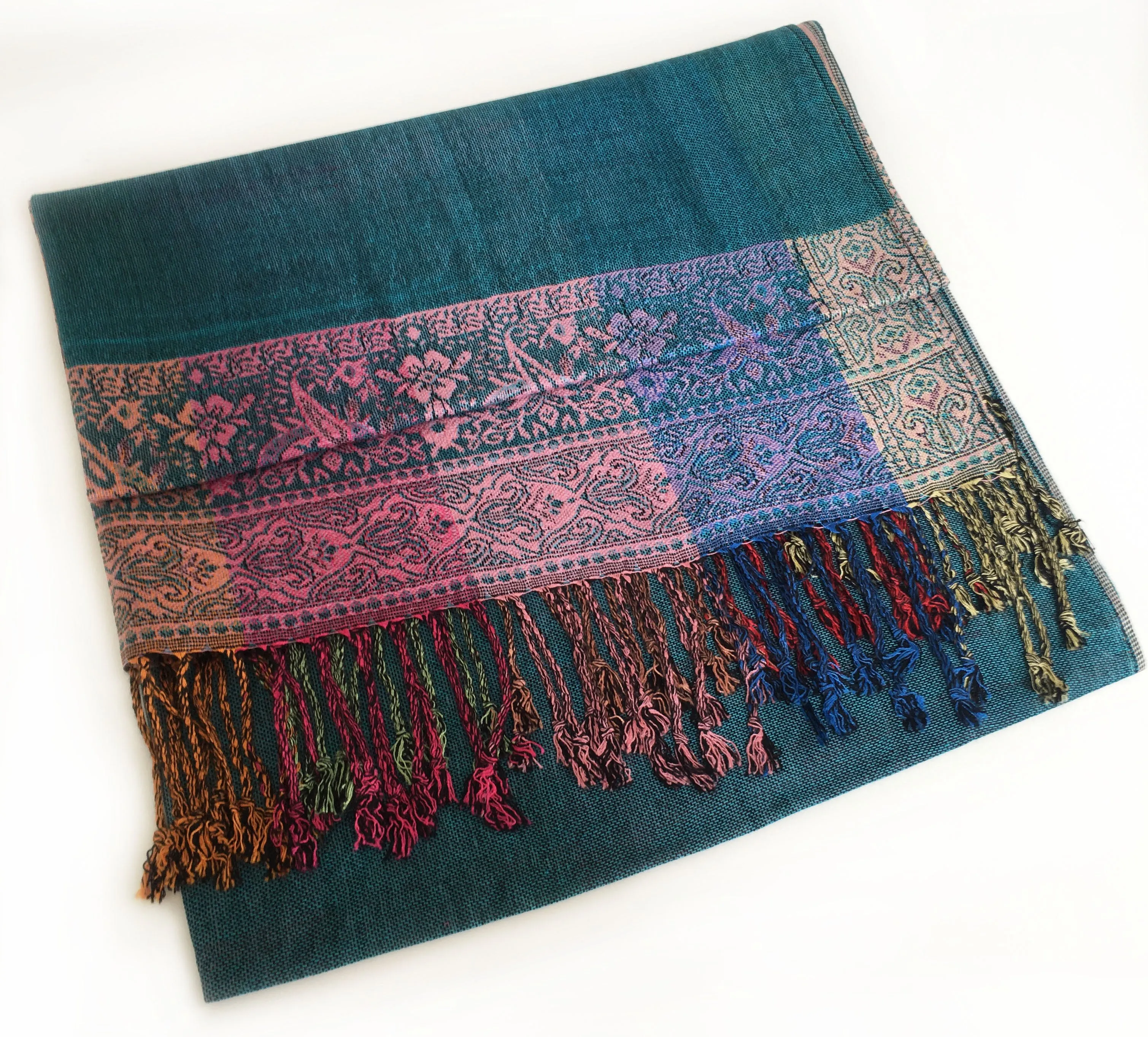 Teal Paisley Print Pashmina Shawl Scarf with Rainbow Multi-Colored Design