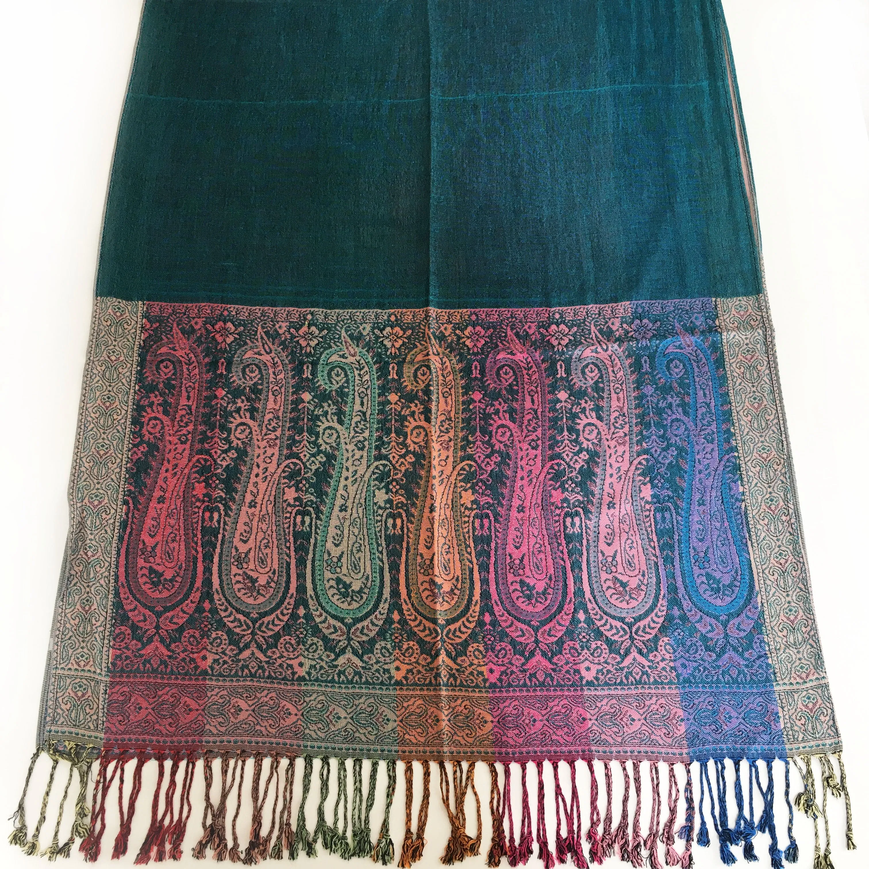 Teal Paisley Print Pashmina Shawl Scarf with Rainbow Multi-Colored Design