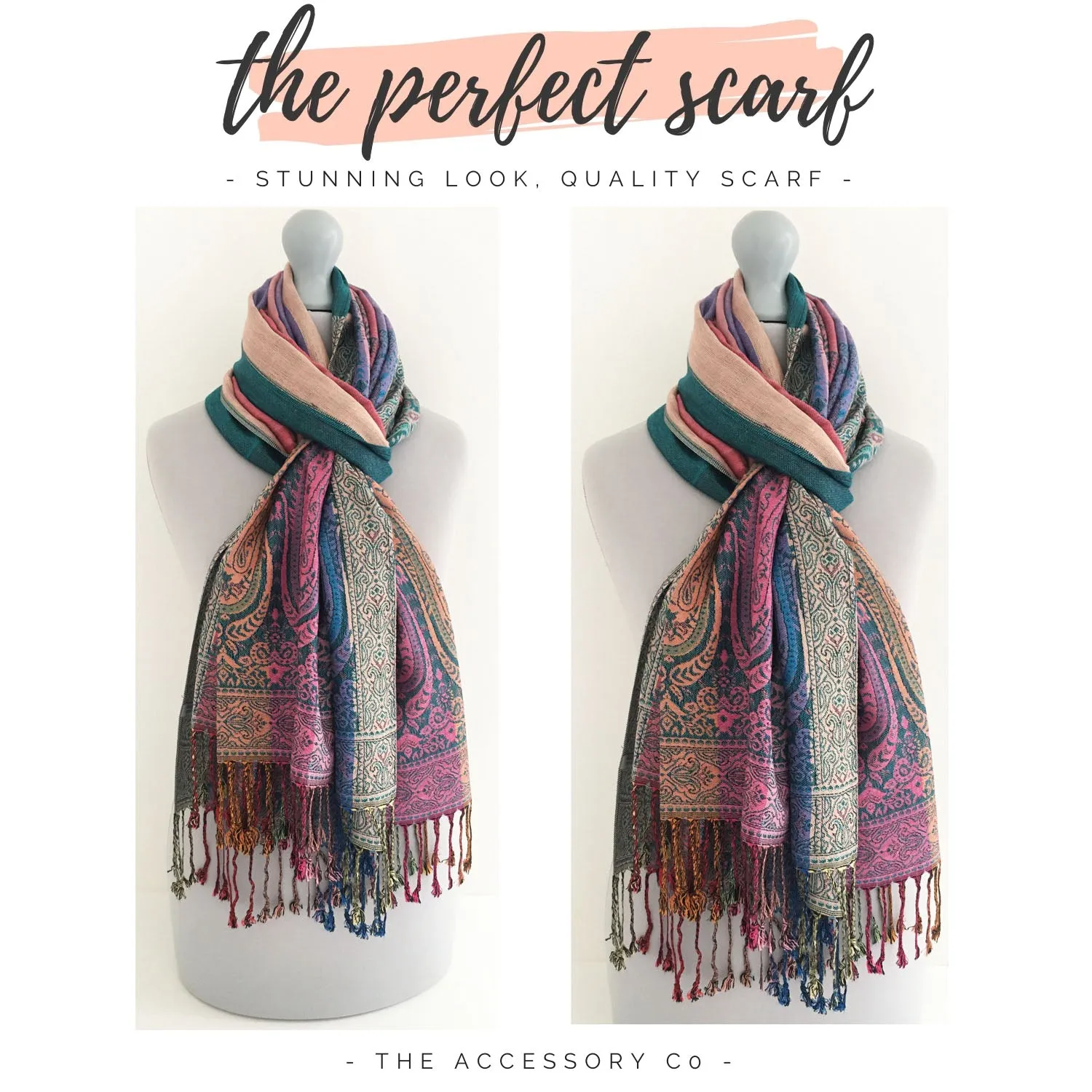 Teal Paisley Print Pashmina Shawl Scarf with Rainbow Multi-Colored Design