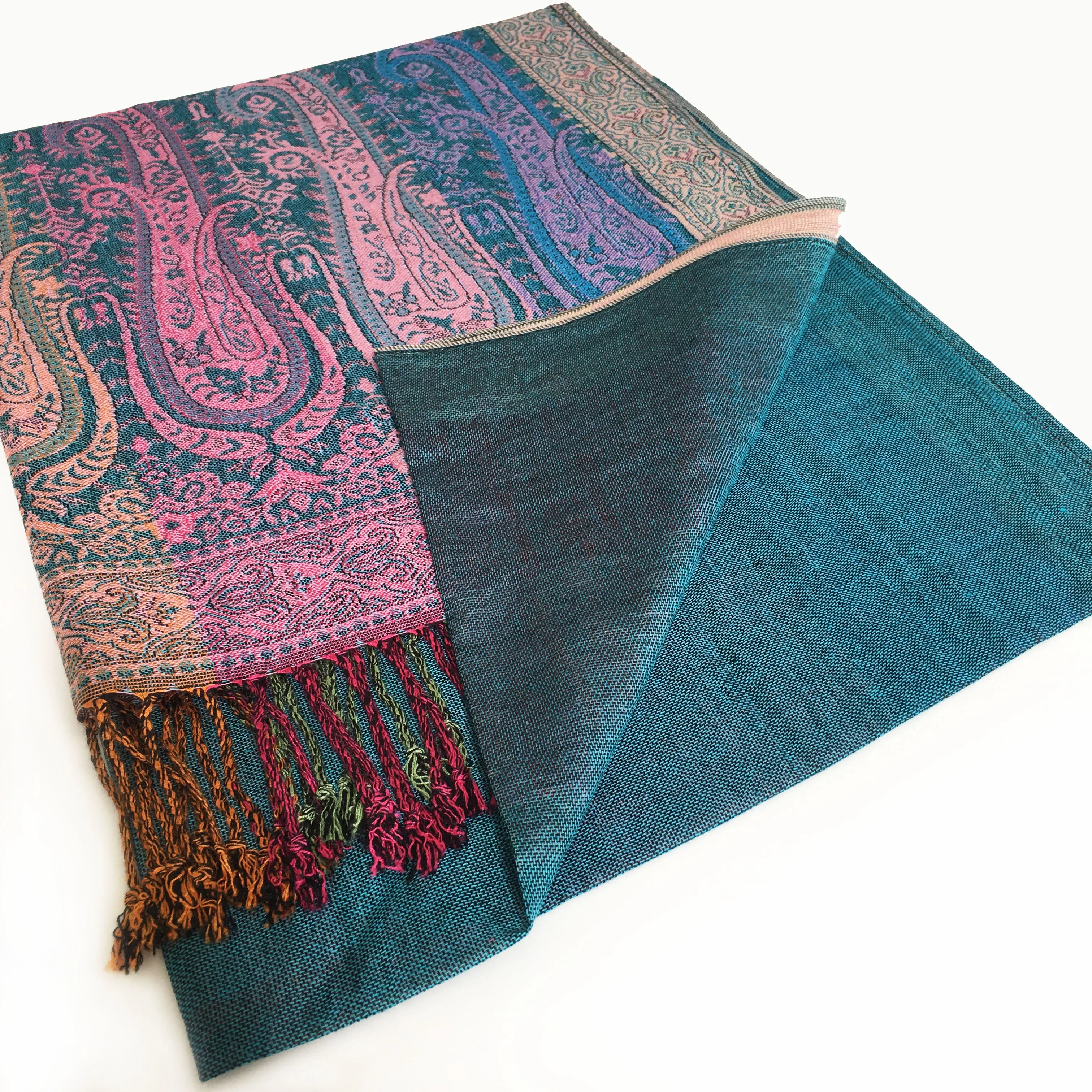 Teal Paisley Print Pashmina Shawl Scarf with Rainbow Multi-Colored Design