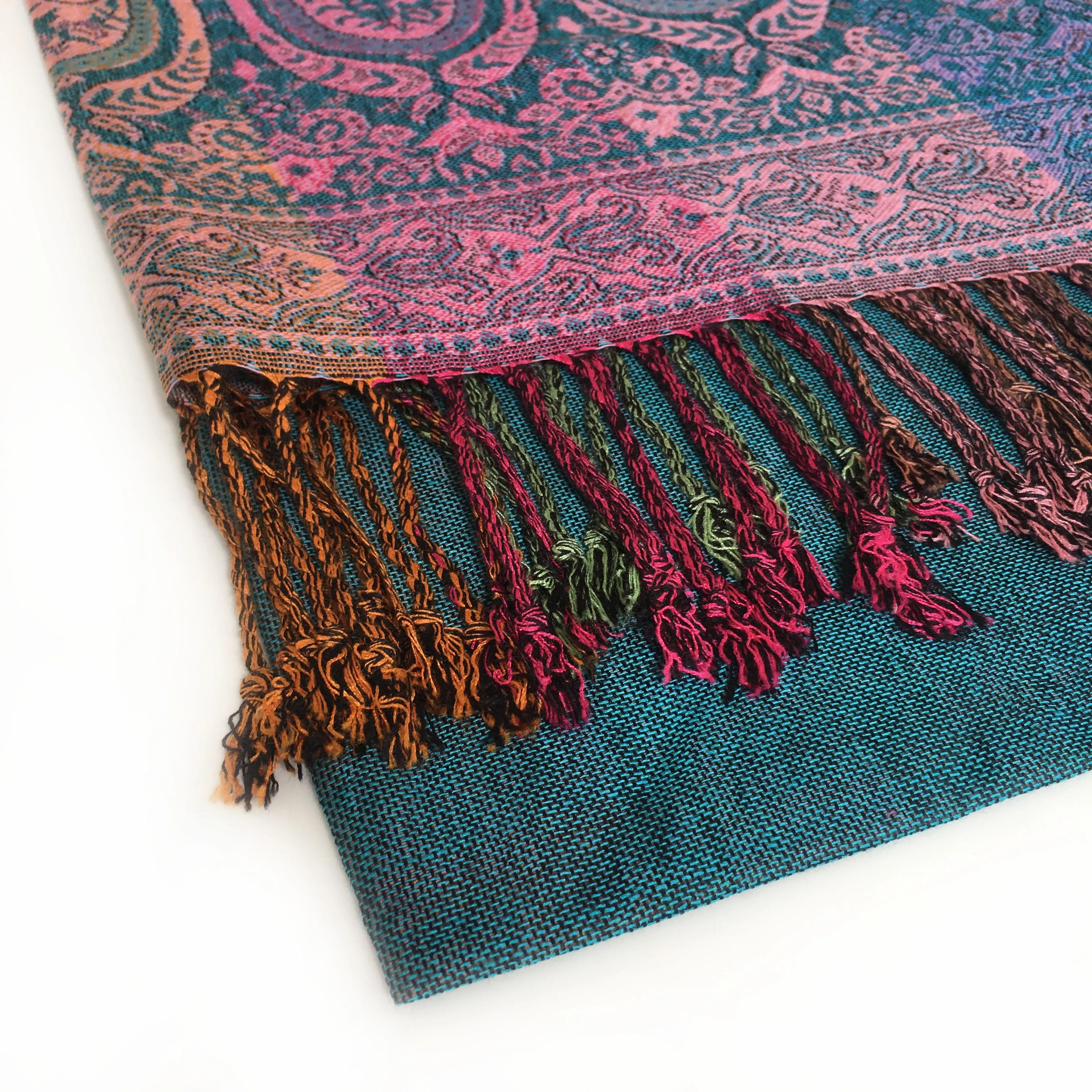 Teal Paisley Print Pashmina Shawl Scarf with Rainbow Multi-Colored Design