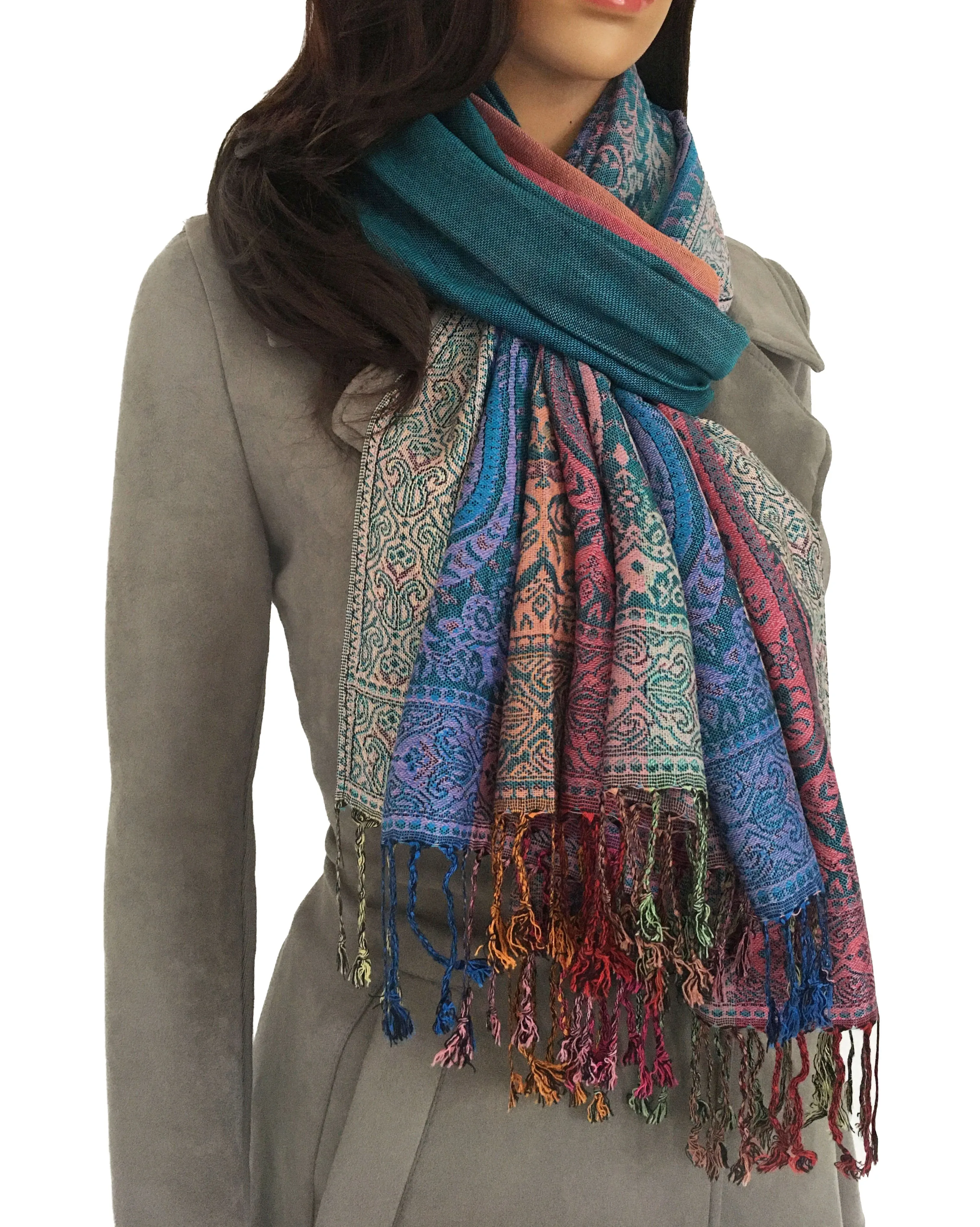 Teal Paisley Print Pashmina Shawl Scarf with Rainbow Multi-Colored Design