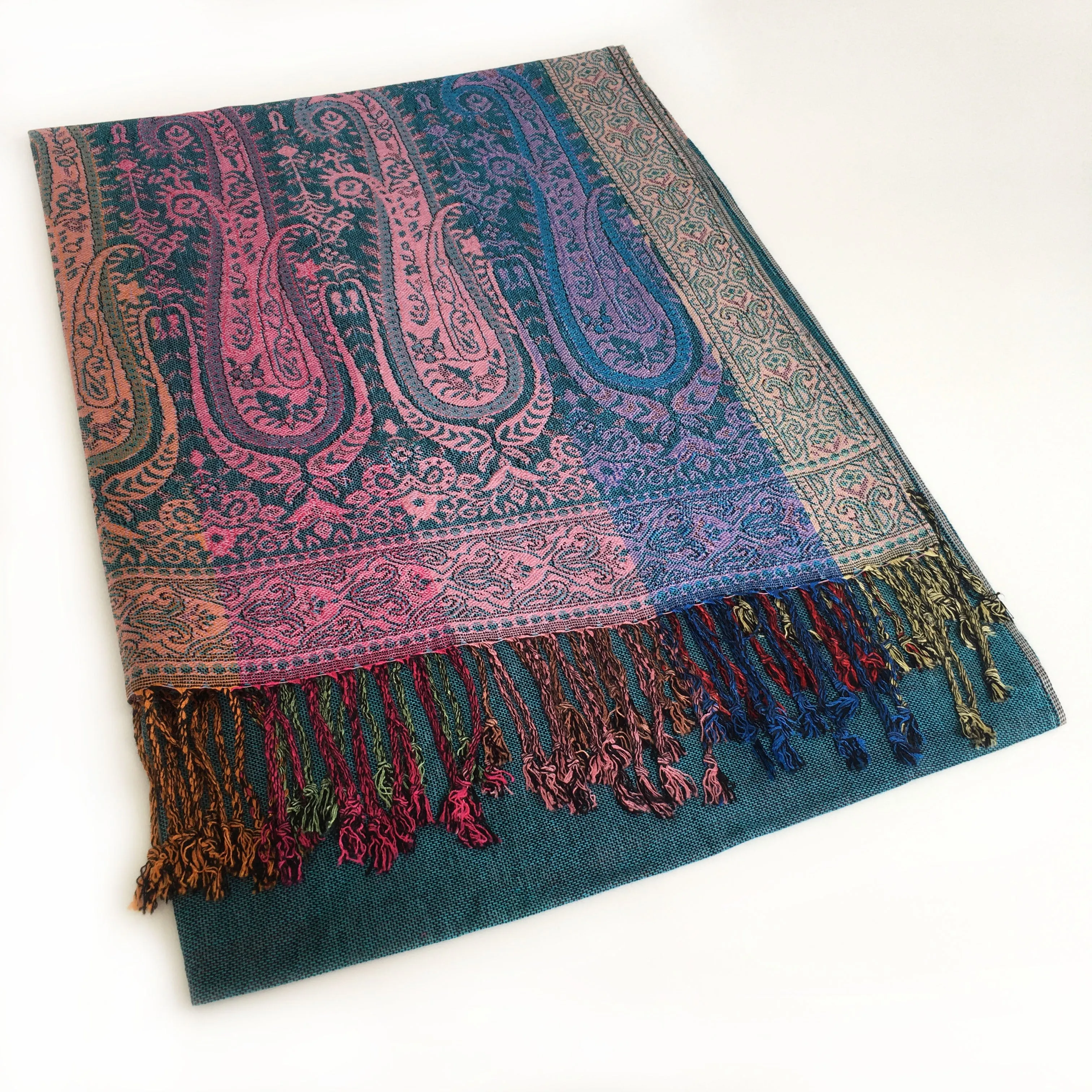 Teal Paisley Print Pashmina Shawl Scarf with Rainbow Multi-Colored Design