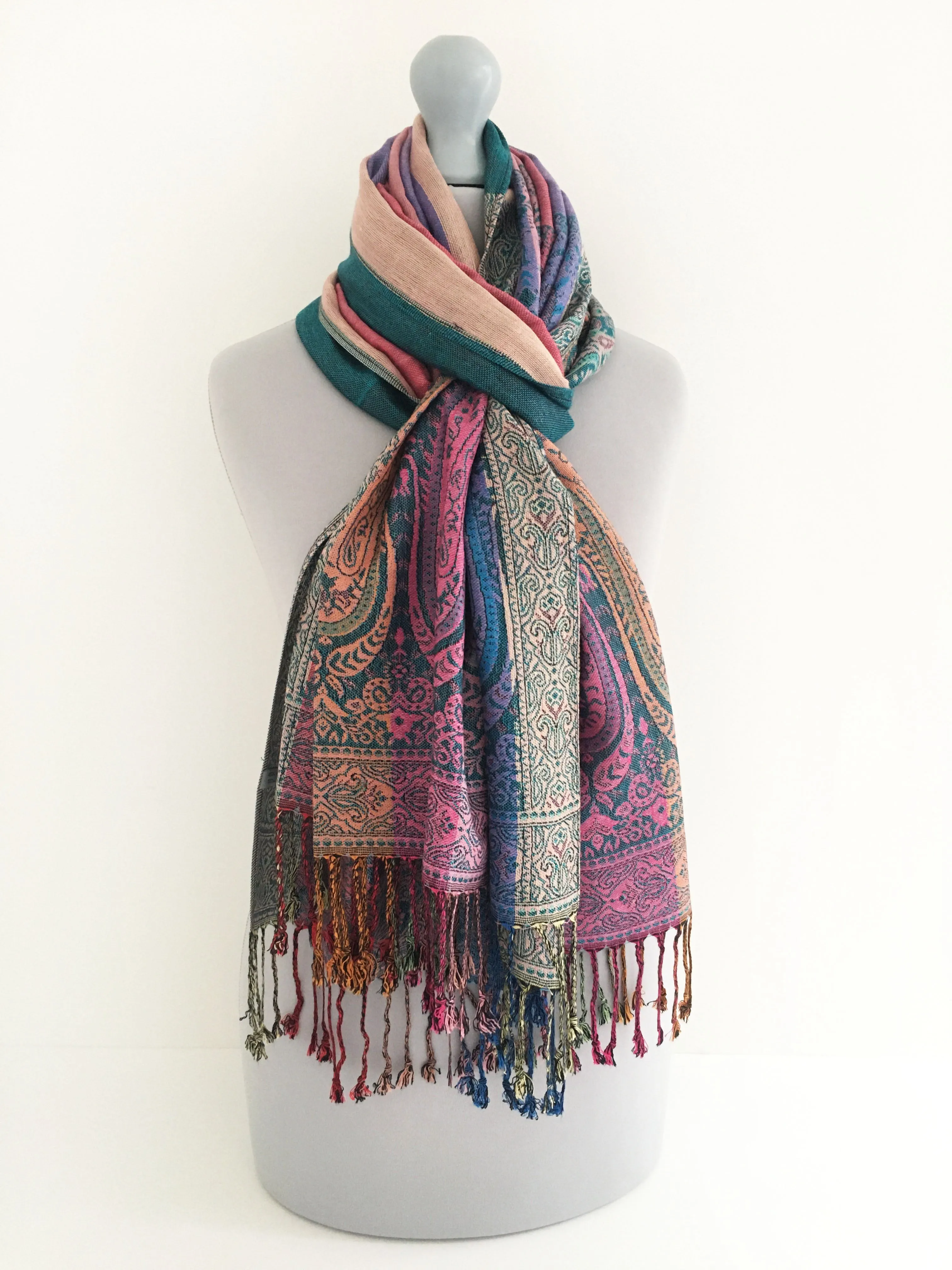 Teal Paisley Print Pashmina Shawl Scarf with Rainbow Multi-Colored Design