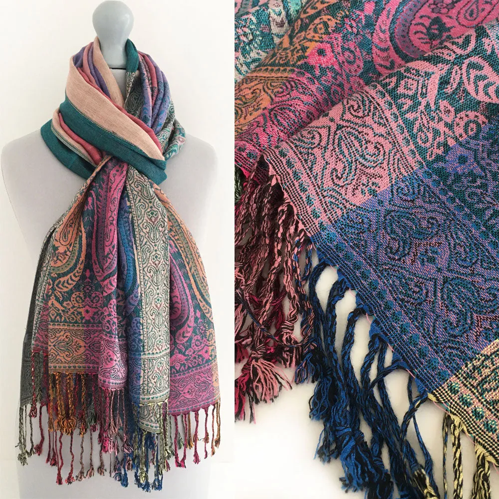 Teal Paisley Print Pashmina Shawl Scarf with Rainbow Multi-Colored Design