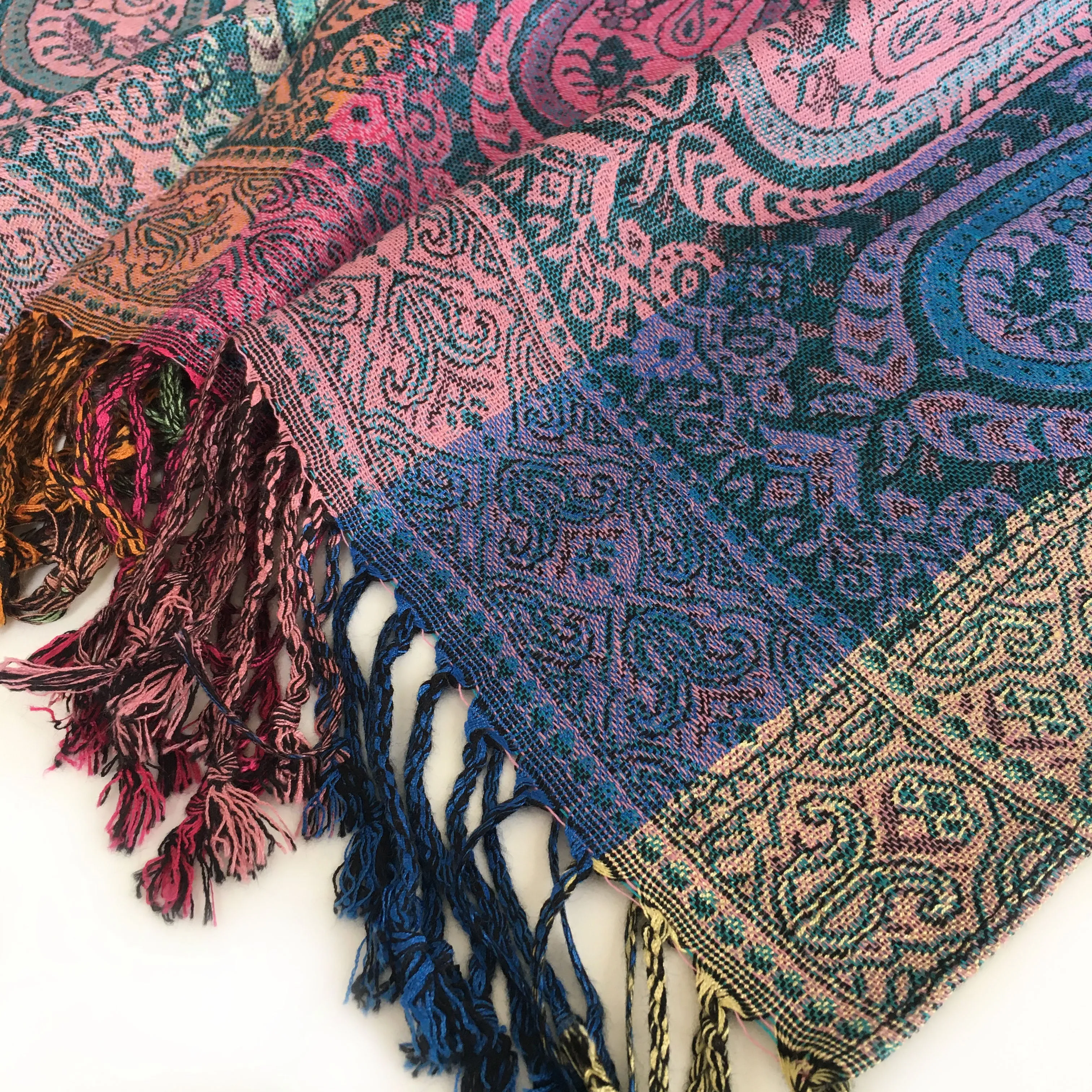 Teal Paisley Print Pashmina Shawl Scarf with Rainbow Multi-Colored Design