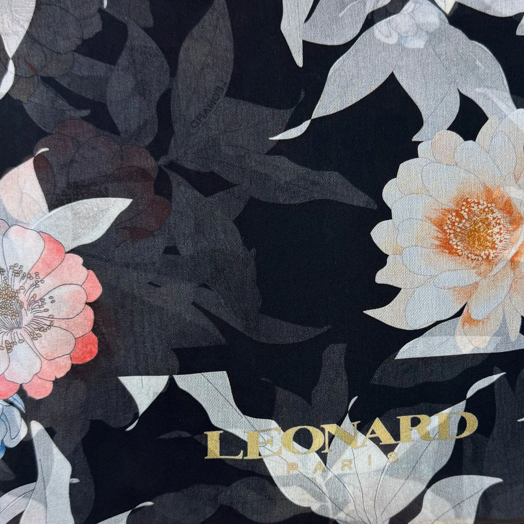 Leonard Paris Scarf Black Pink Floral Design - Chiffon Silk Shawl