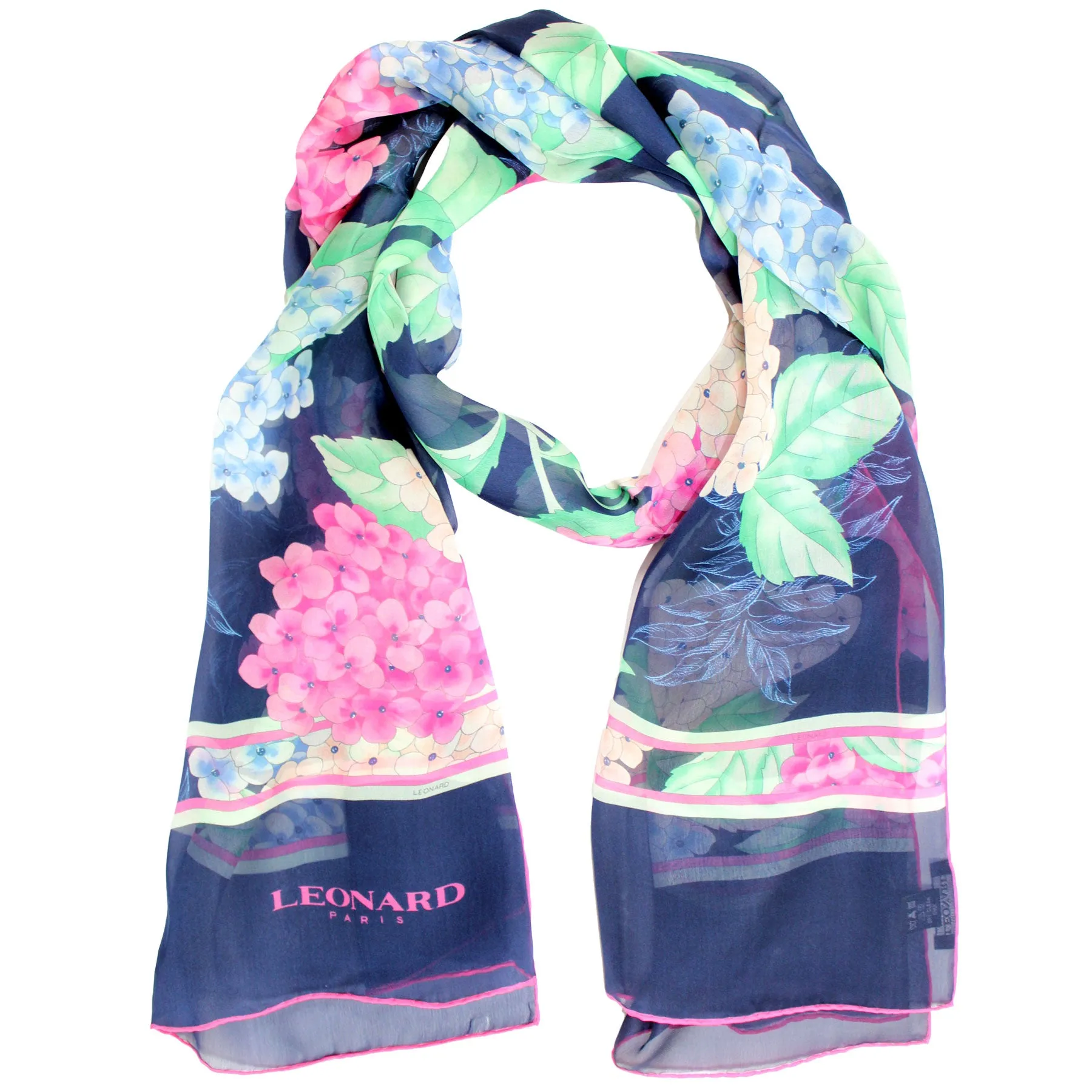 Leonard Paris Scarf Dark Blue Pink Blue Floral - Chiffon Silk Shawl