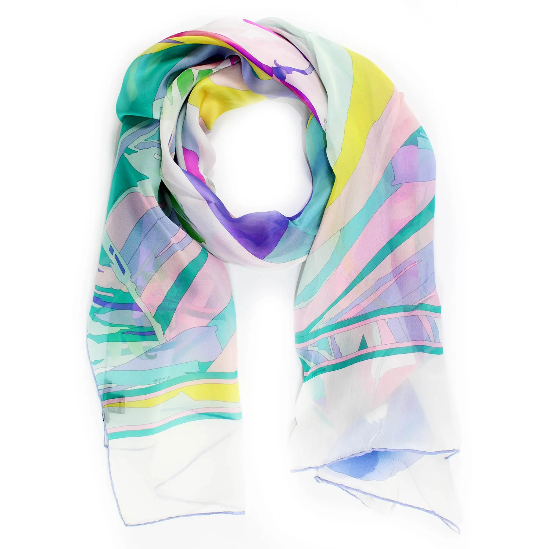 Leonard Paris Scarf Turquoise Pink Floral - Chiffon Silk Shawl SALE