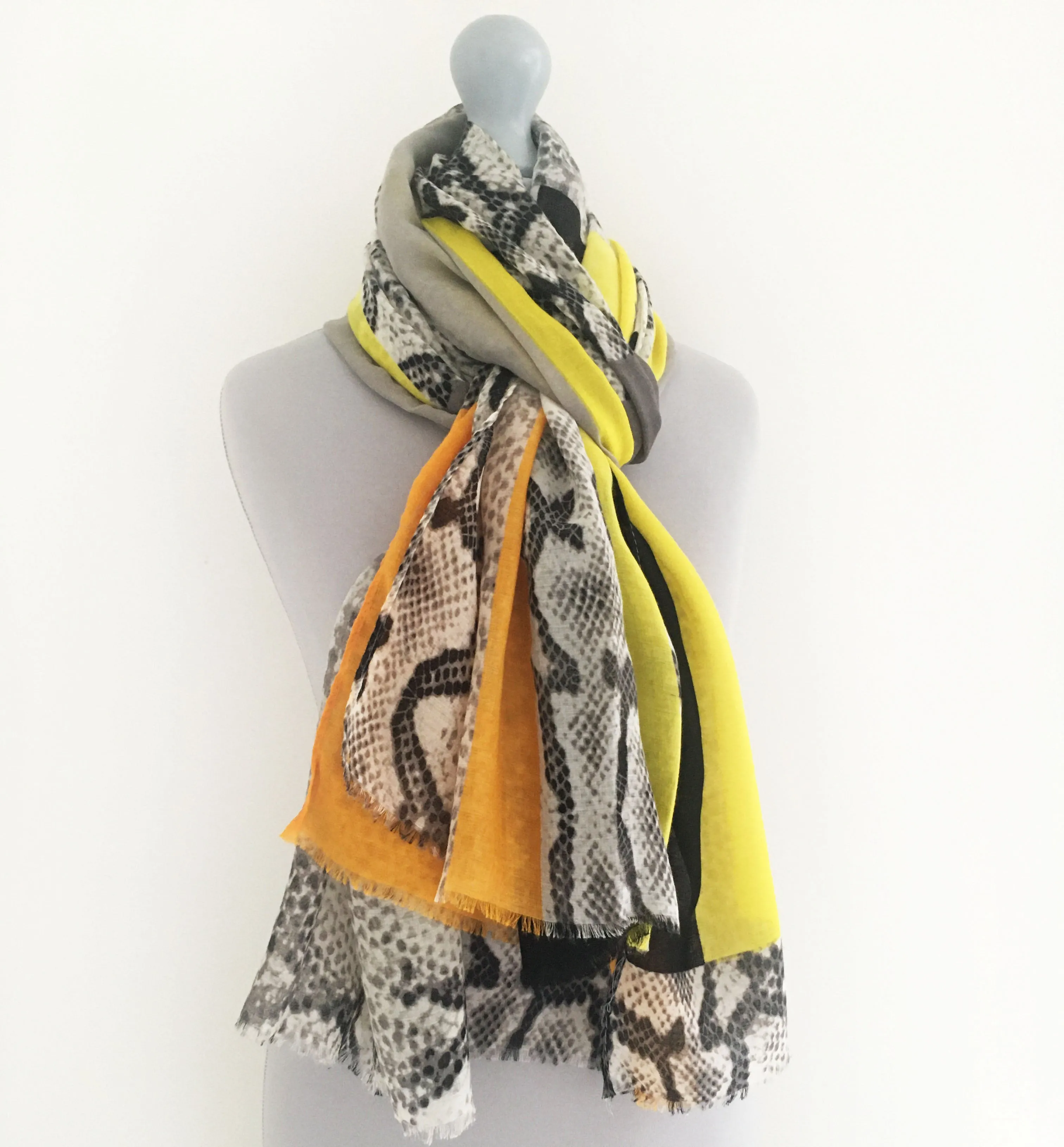 LONG MUSTARD YELLOW BLOCKS SNAKESKIN PRINT LIGHTWEIGHT SHAWL SCARF