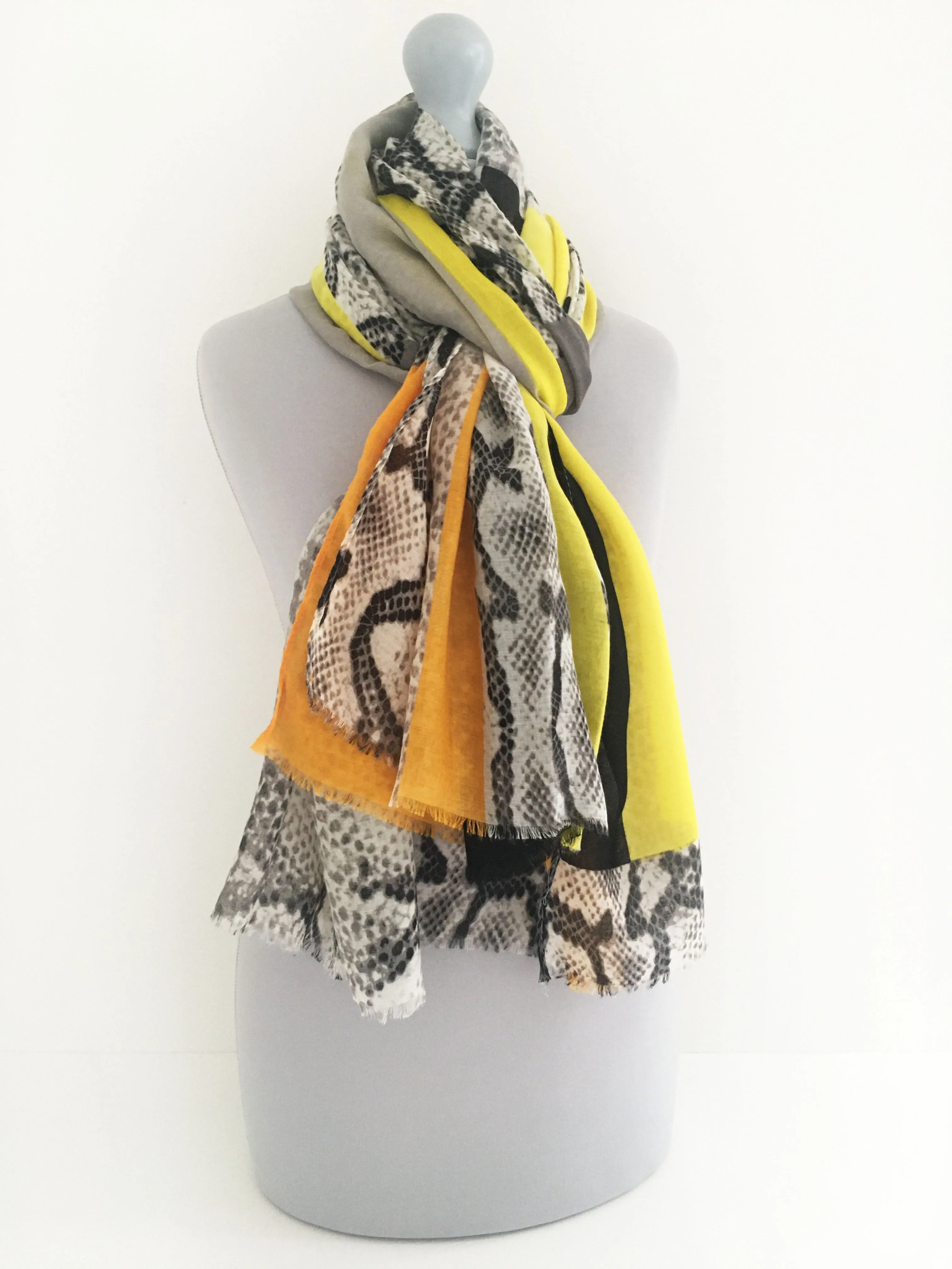 LONG MUSTARD YELLOW BLOCKS SNAKESKIN PRINT LIGHTWEIGHT SHAWL SCARF