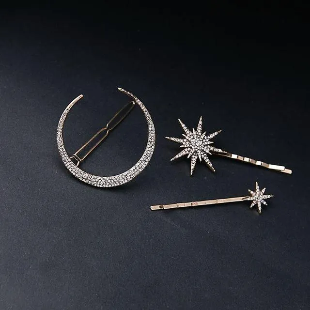 Mystical Moon Stars Rhinestone Hairpins